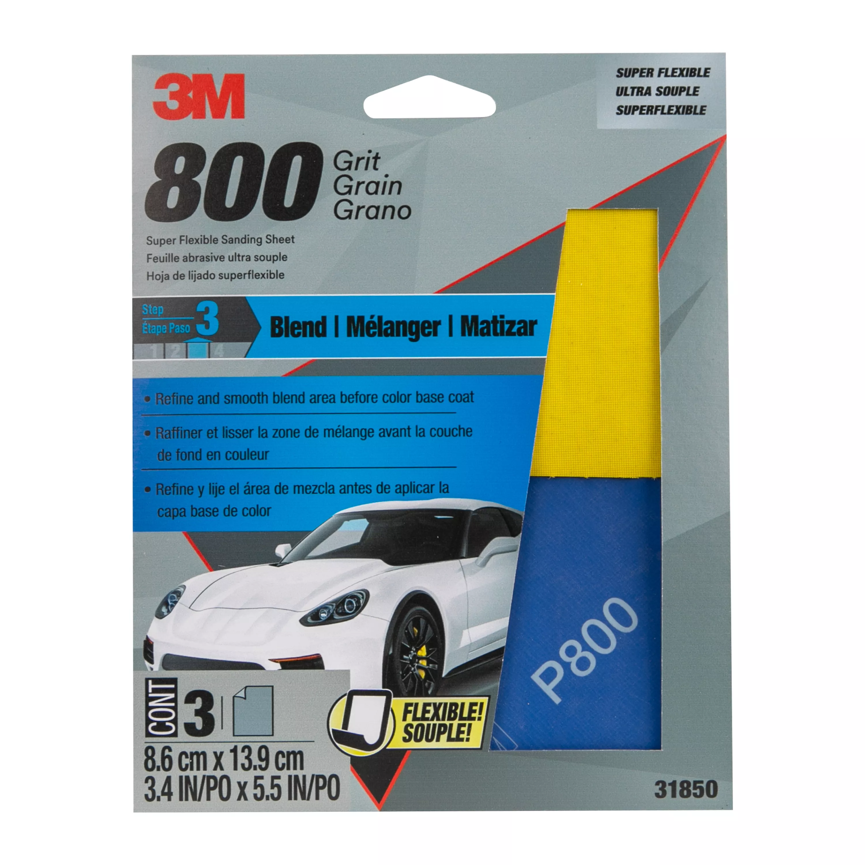 3M™ Super Flexible Sanding Sheets, 31850, 800 Grit, 3 pack, 20 packs per case