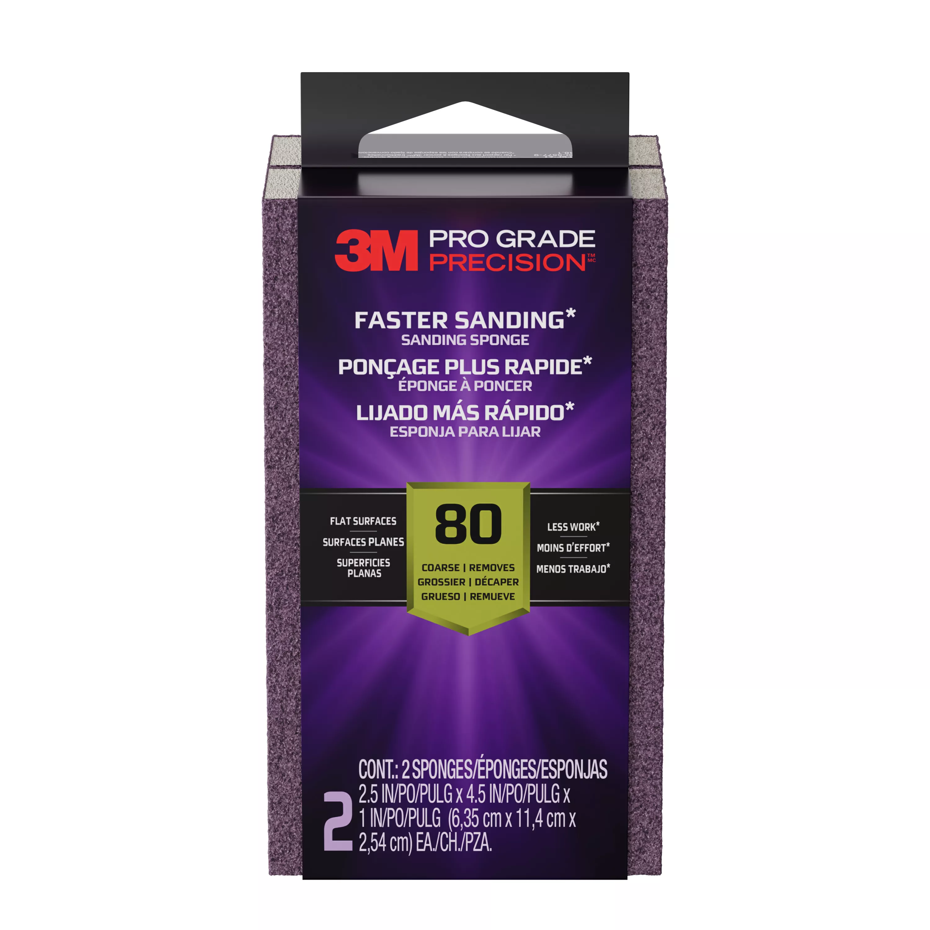 3M™ Pro Grade Precision™ Faster Sanding Sanding Block Sponge FSB80-PGP-2T, 2.5 x 4.5 x 1in, 80 grit, 2 each/pack