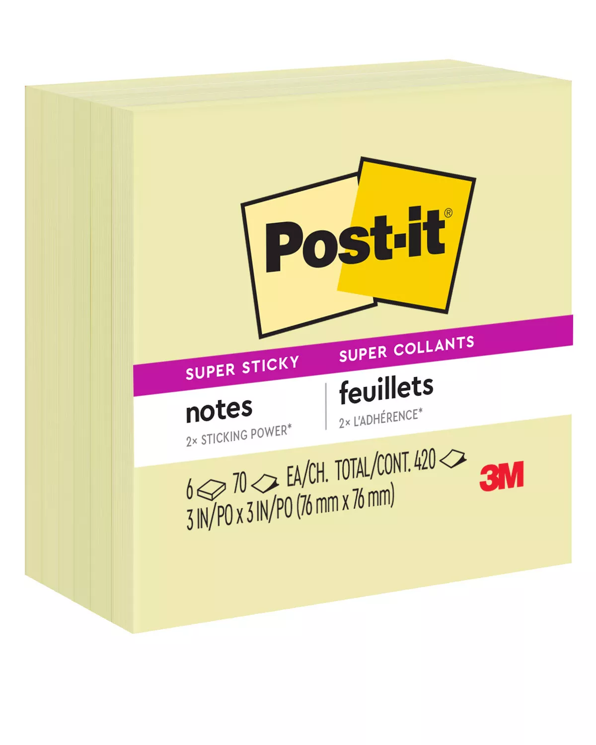 Post-it® Super Sticky Notes 654-6SSCY, 3 in x 3 in (76 mm x 76 mm)