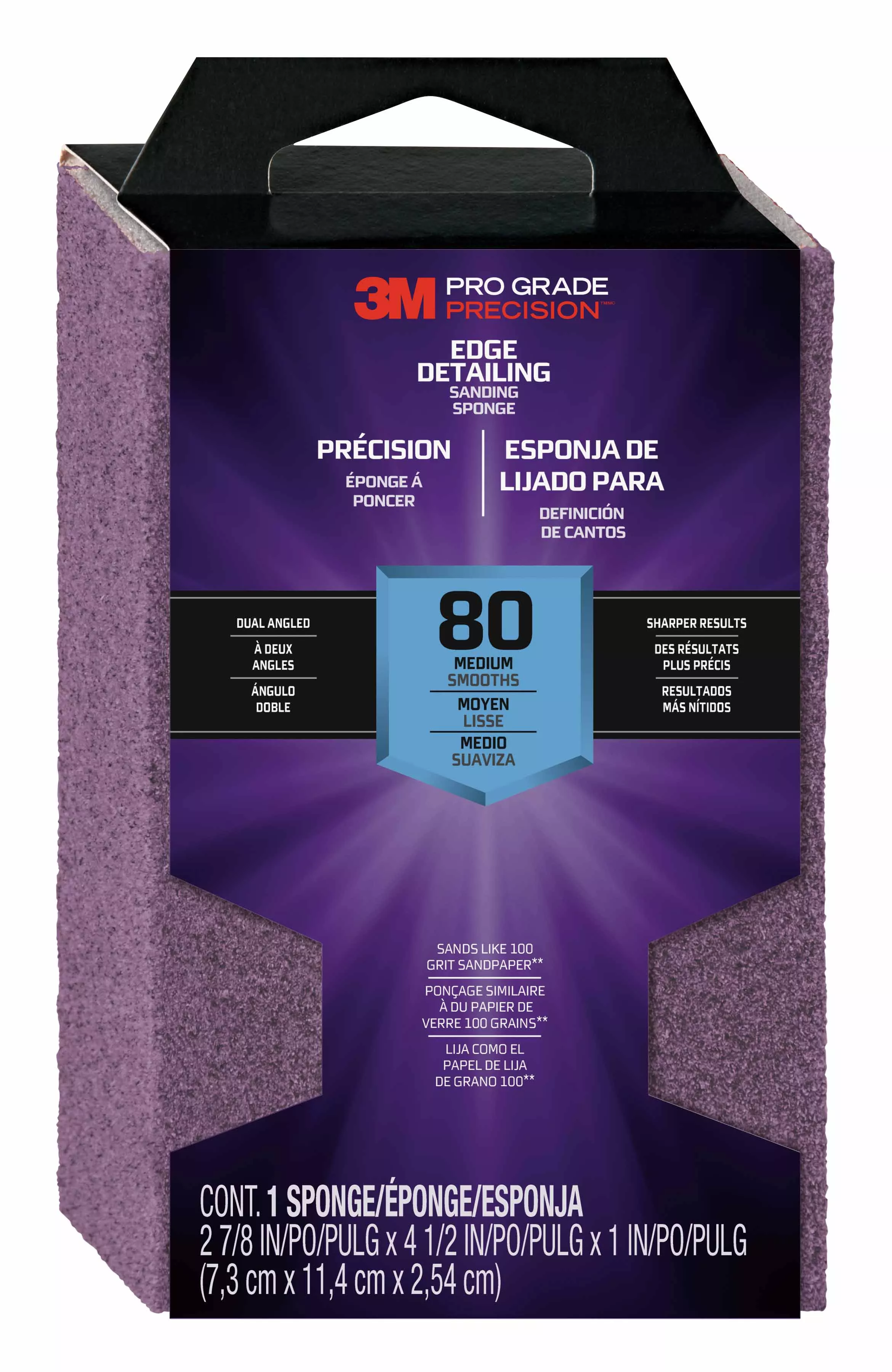 3M™ Pro Grade Precision™ Edge Detailing Dual Angle Sanding Sponge 24300TRI-M-DA, 2 7/8 in x 4 1/2 in x 1 in, 80 grit, 12/cs