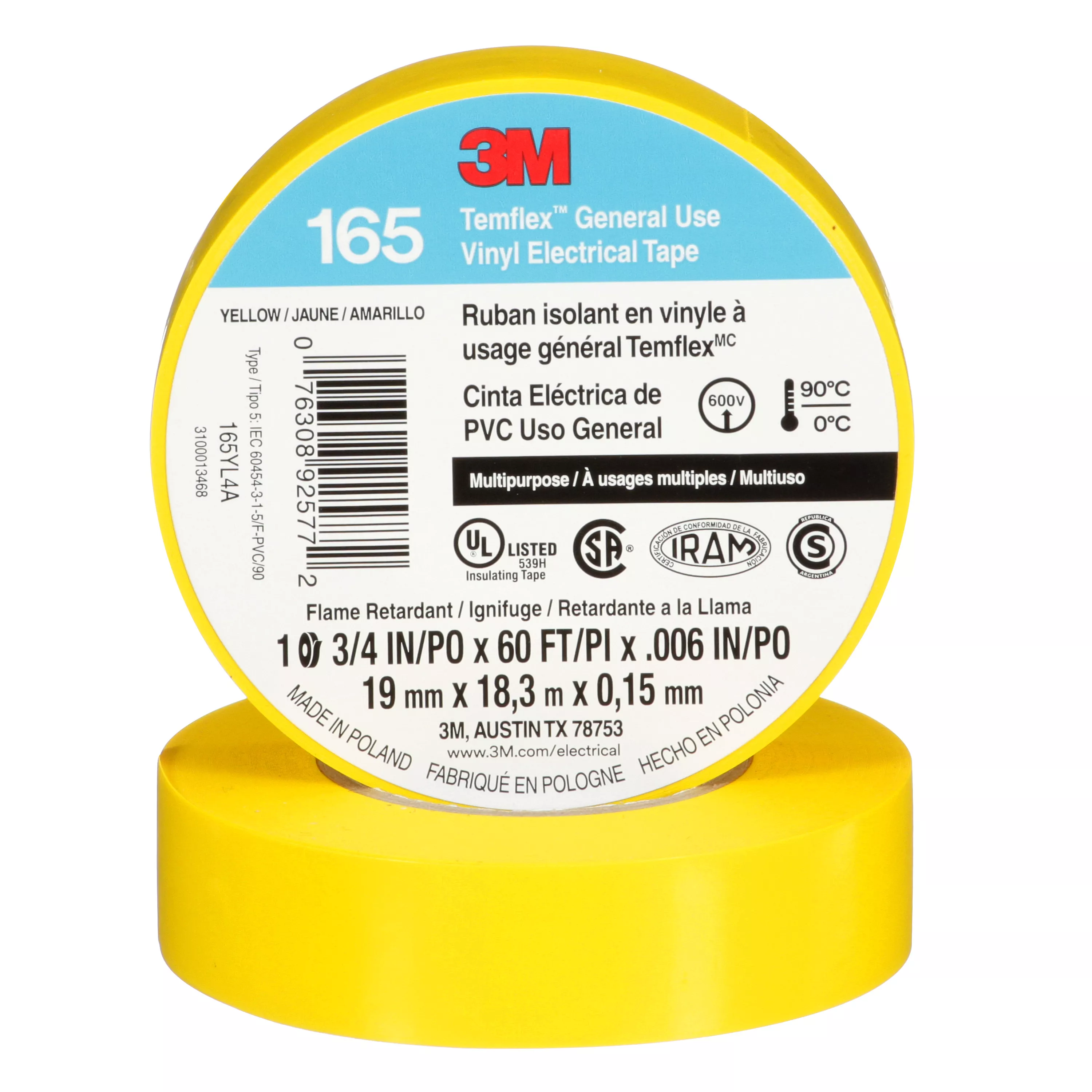 3M™ Temflex™ Vinyl Electrical Tape 165, Yellow, 3/4 in x 60 ft (19 mm x 18 m), 6 mil, 100 Rolls/Case