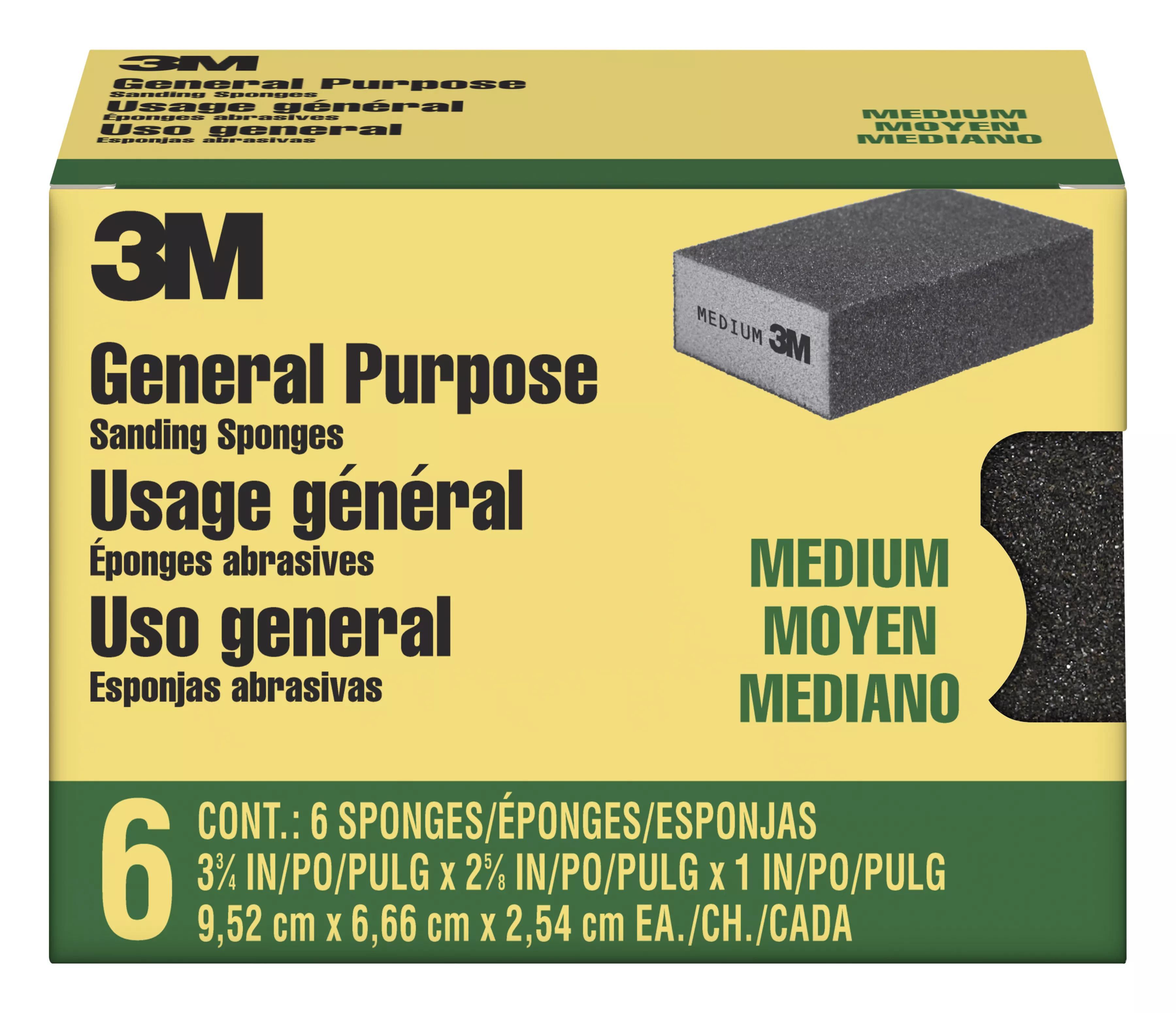 3M™ Sanding Sponge CP002-6P-CC, Block,3 3/4 in x 2 5/8 in x 1 in, Medium, 6-pack, 4 packs/cs