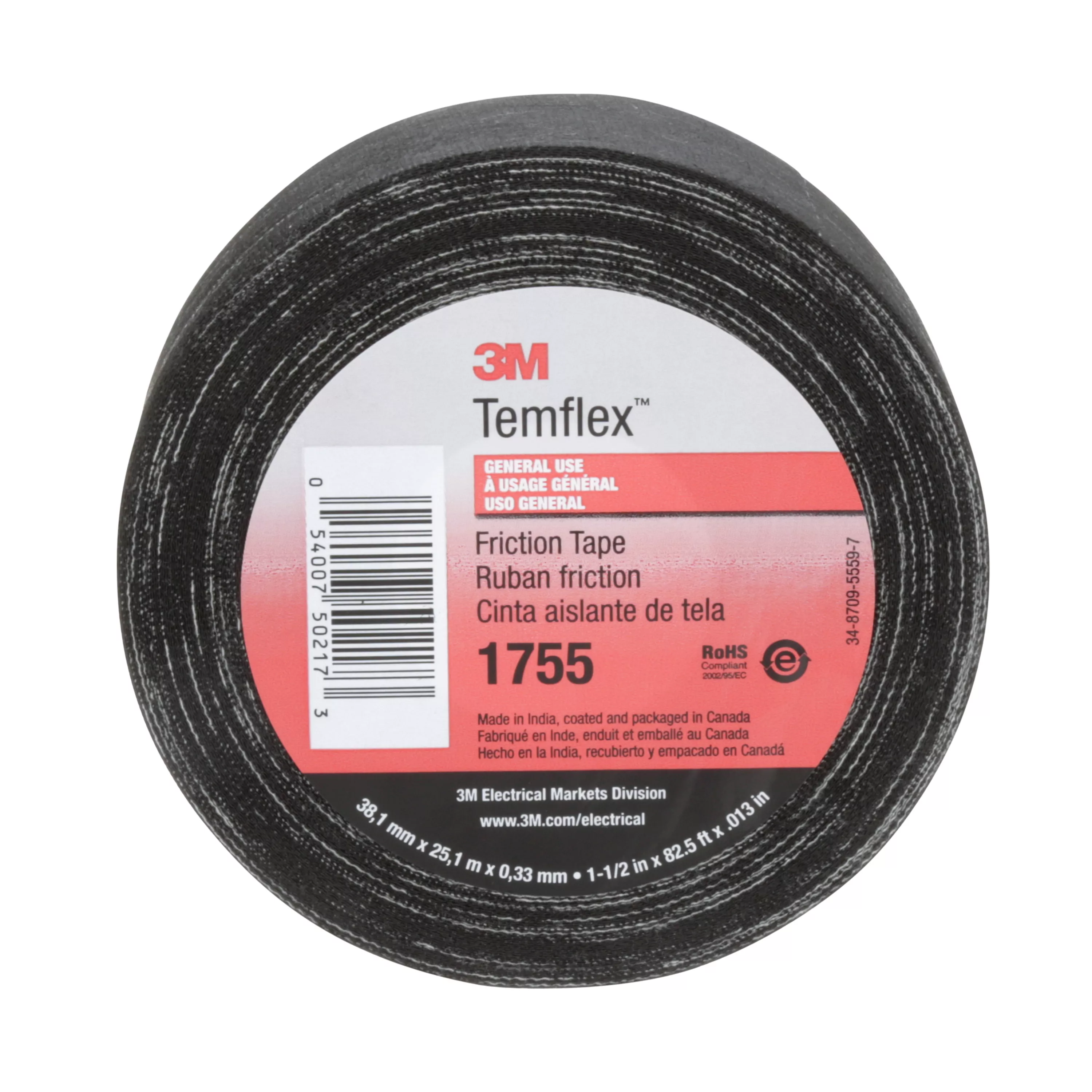 3M™ Temflex™ Cotton Friction Tape 1755, 1-1/2 in x 82-1/2 ft, Black, 30
rolls/Case