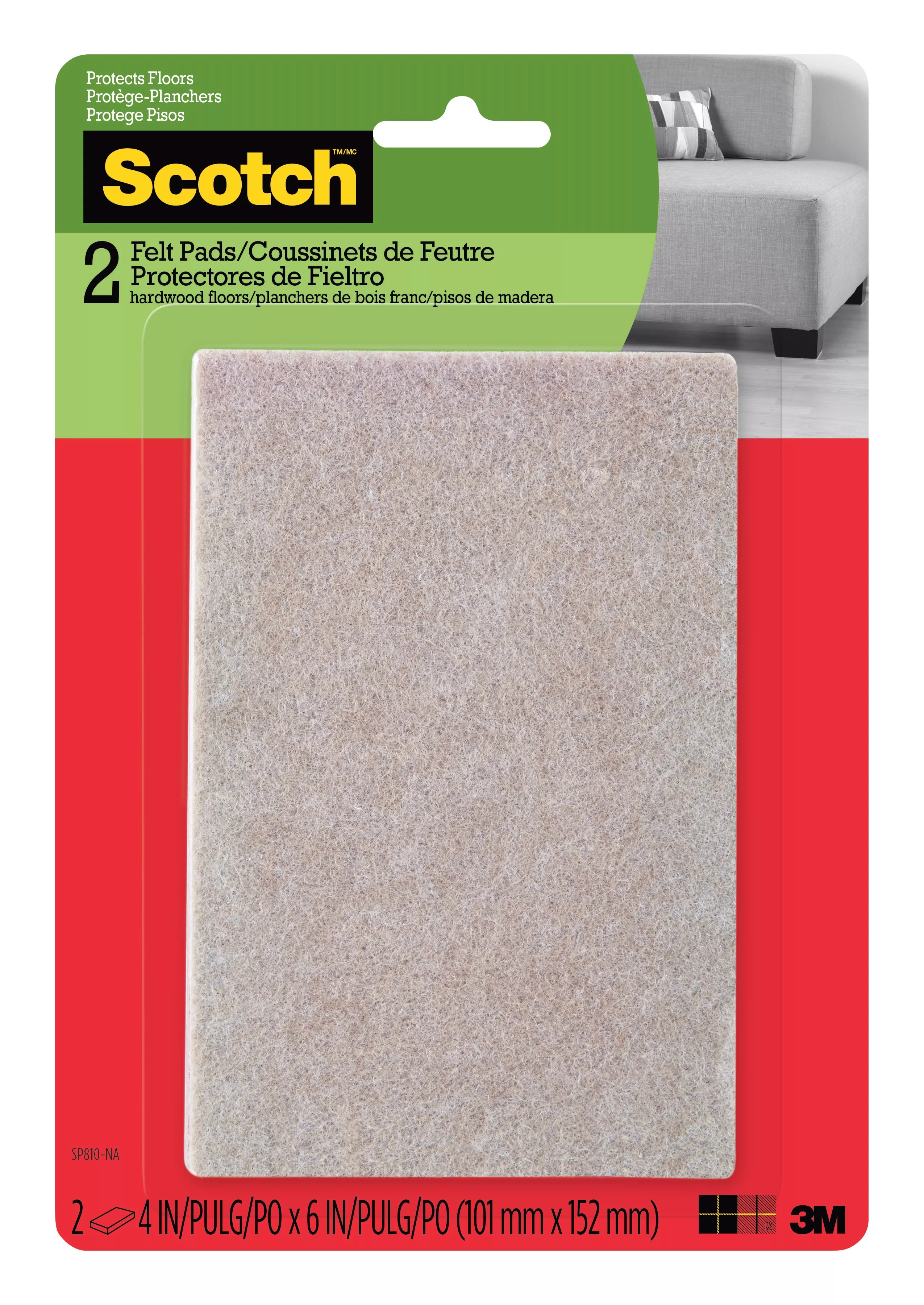 Scotch™ Easy Cut Felt Pads, SP810-NA, 4 in x 6 in, Beige, 2/pk