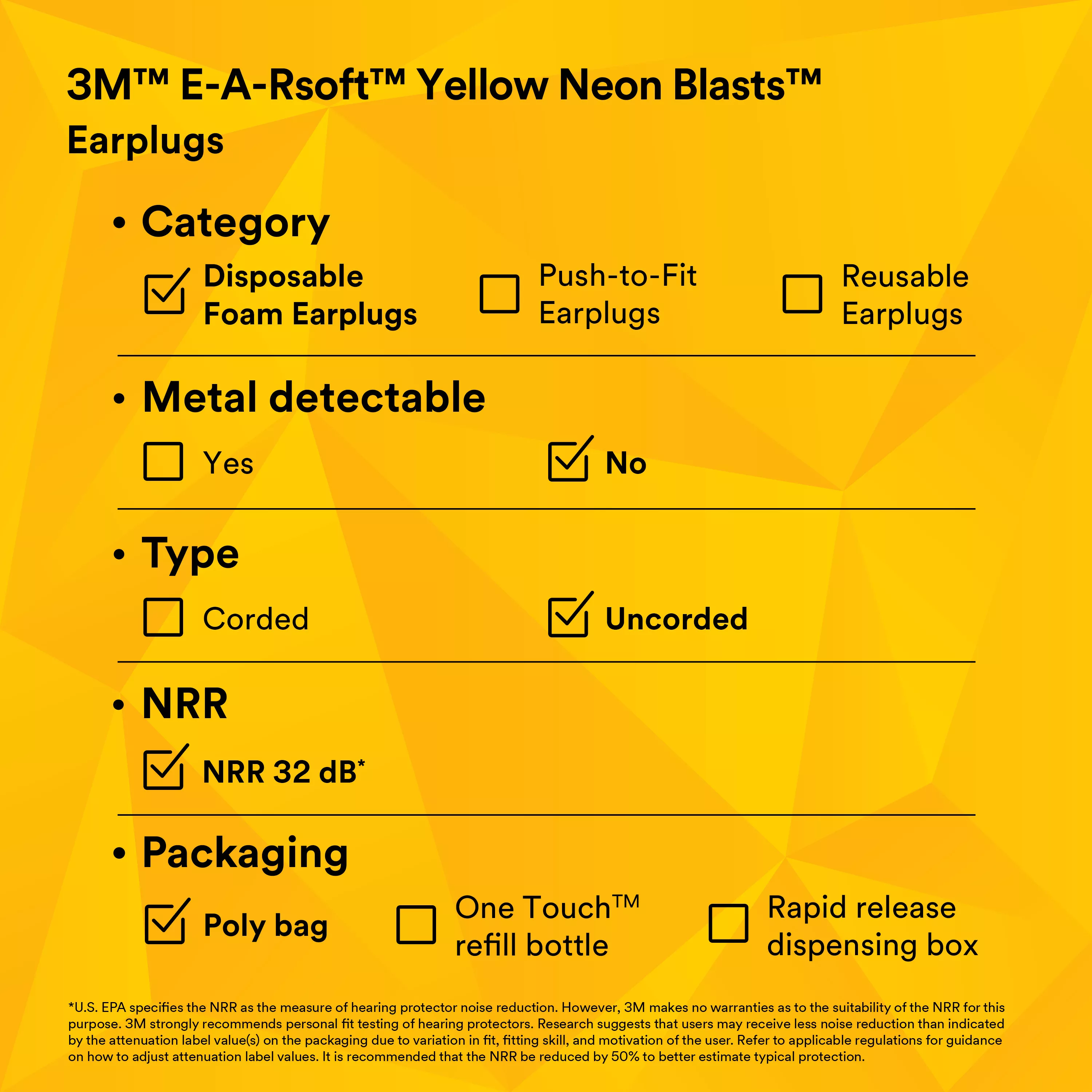 Product Number 12065 | 3M™ E-A-Rsoft™ Yellow Neon Blasts™ Earplugs 312-1252