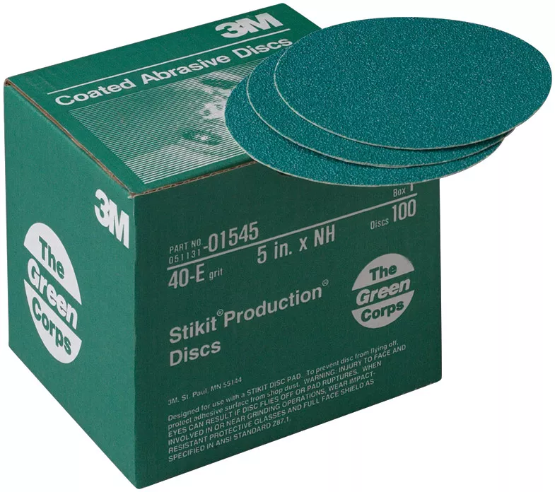 3M™ Green Corps™ Stikit™ Production™ Disc, 01545, 5 in, 40 grit, 100 discs per carton, 5 cartons per case