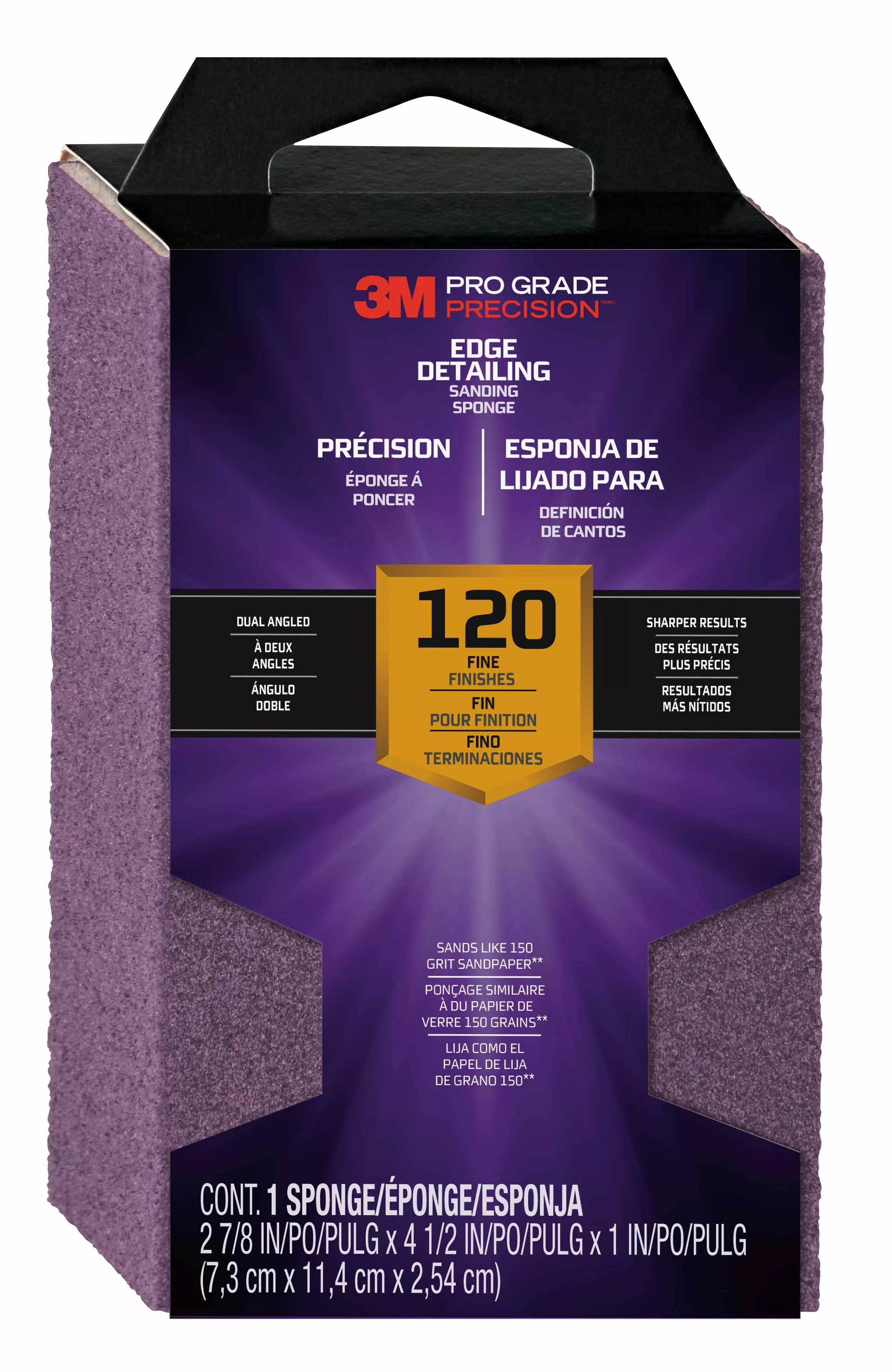 3M™ Pro Grade Precision™ Edge Detailing Dual Angle Sanding Sponge 24301TRI-F-DA, 2 7/8 in x 4 1/2 in x 1 in, 120 grit, 12/cs