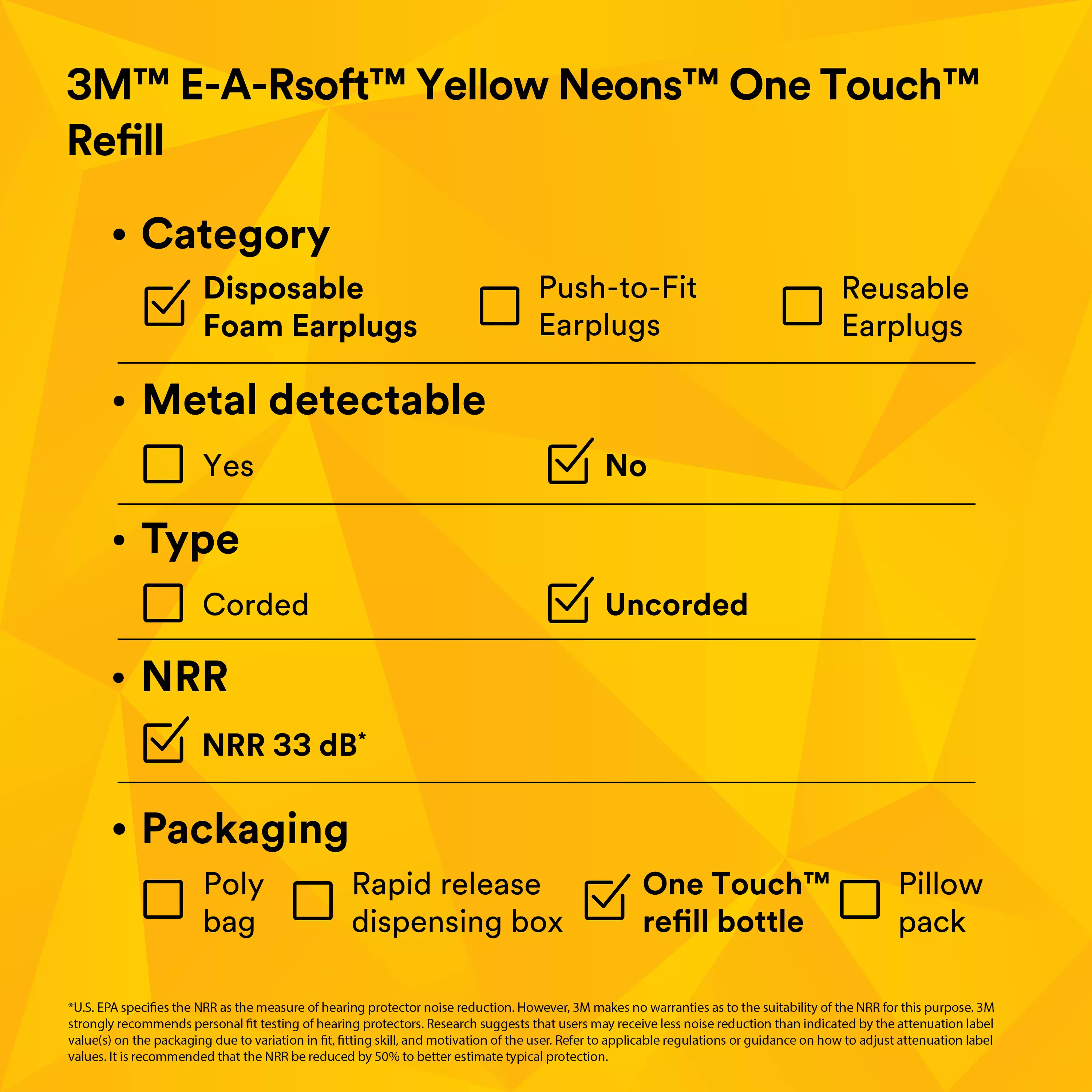 Product Number 391-1005 | 3M™ E-A-Rsoft™ Yellow Neons™ Earplugs 391-1005