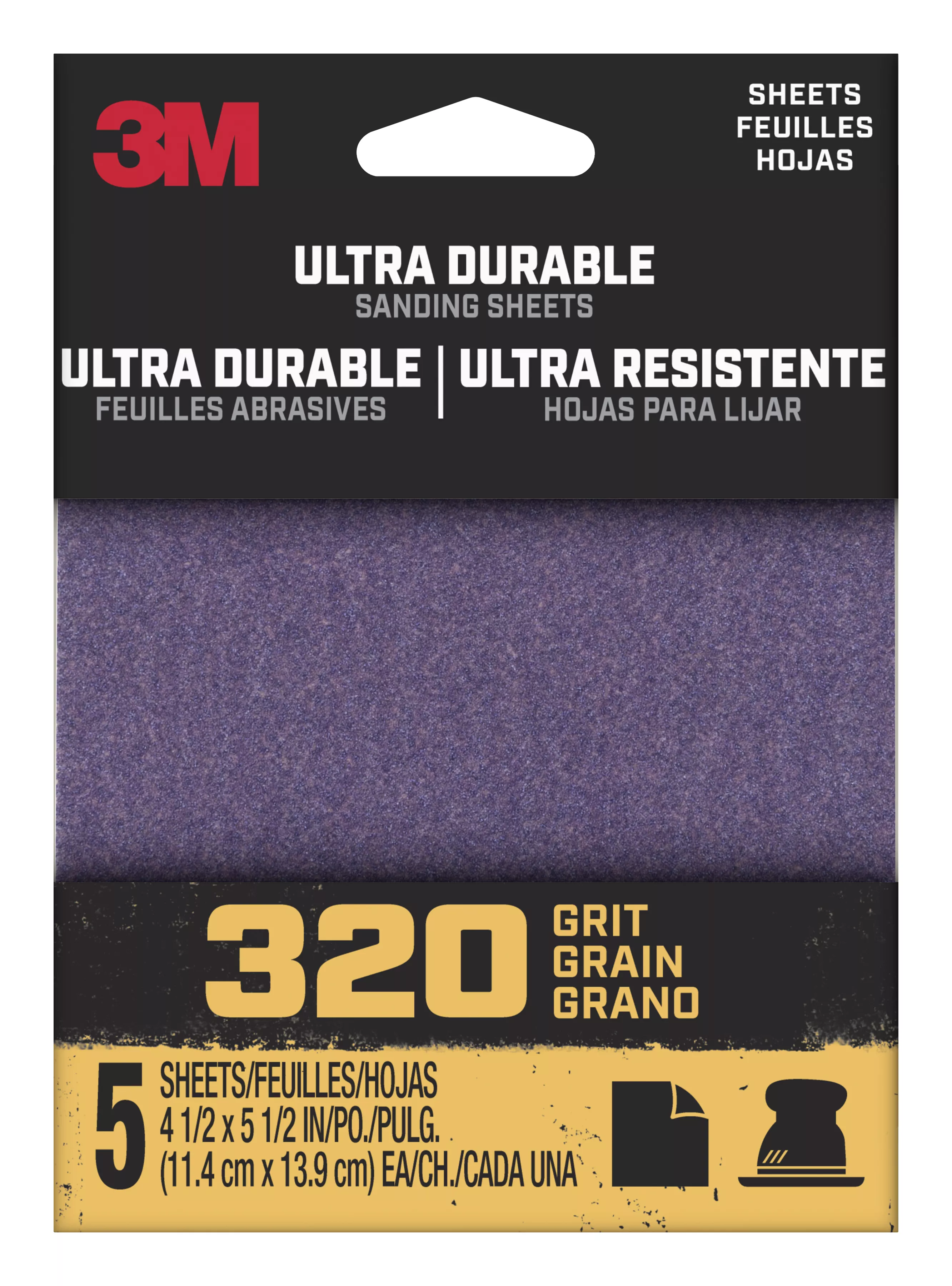 3M™ Ultra Durable Power Sanding 1/4 Sheet, 320 grit, 1/4Sht5pk320, 5 pk, 20/case