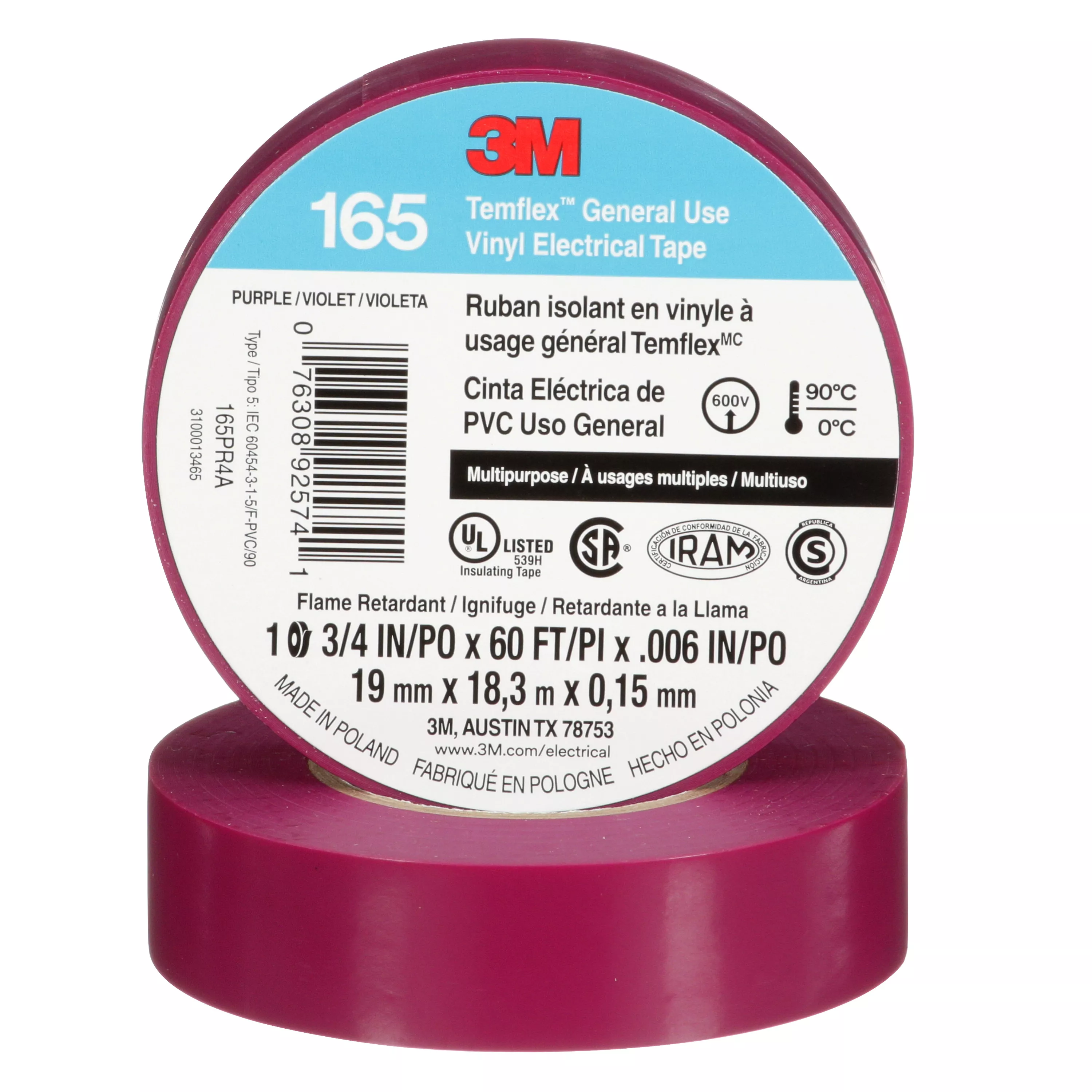 3M™ Temflex™ Vinyl Electrical Tape 165, Purple, 3/4 in x 60 ft (19 mm x 18 m), 6 mil, 100 Rolls/Case