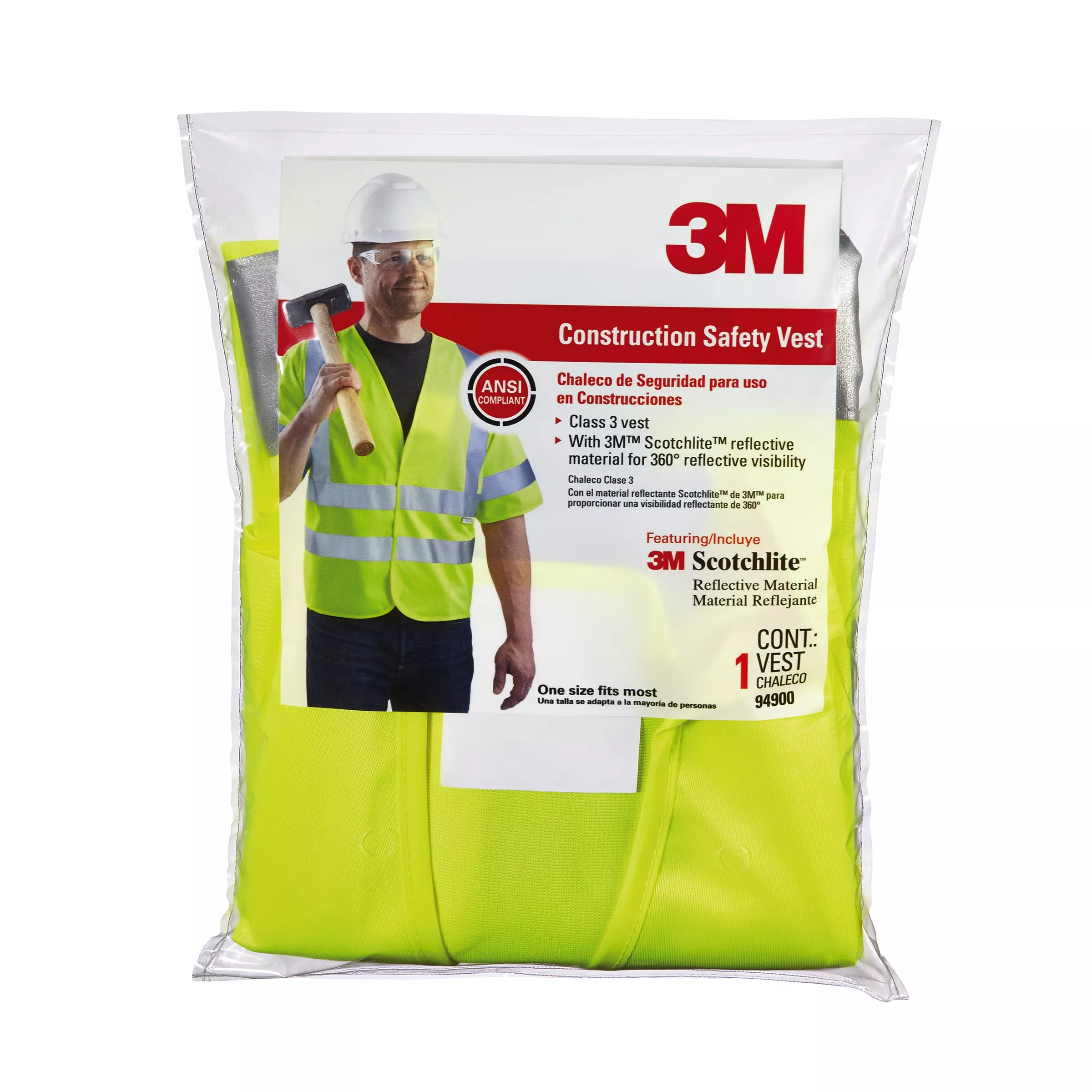 3M™ Hi-Viz Vest, Class 3, Short Sleeve, 94900-80030, Yellow, 5/case