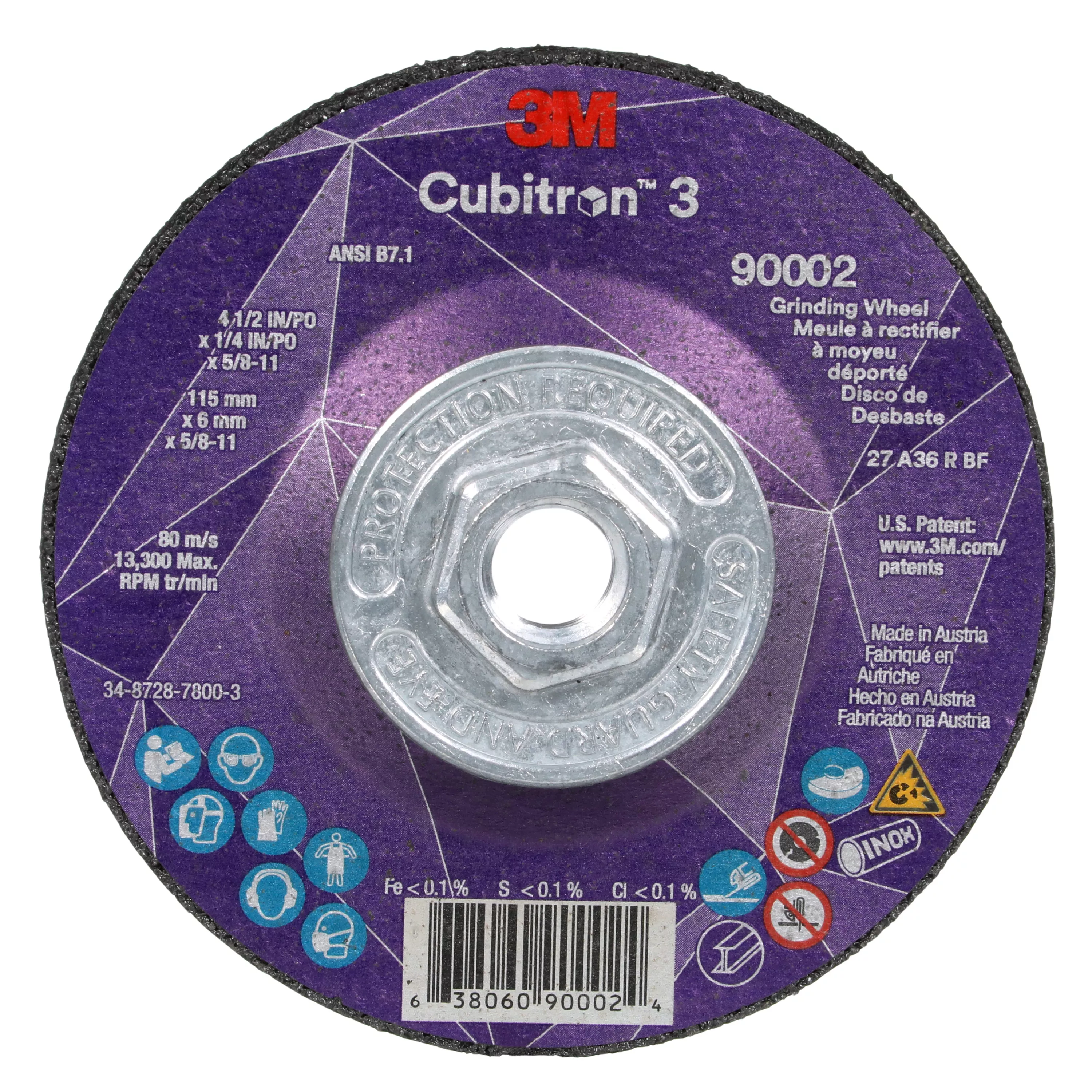 3M™ Cubitron™ 3 Depressed Center Grinding Wheel, 90002, 36+, T27, 4-1/2
in x 1/4 in x 5/8 in-11(115x6mmx5/8-11in) ANSI, 10 ea/Case