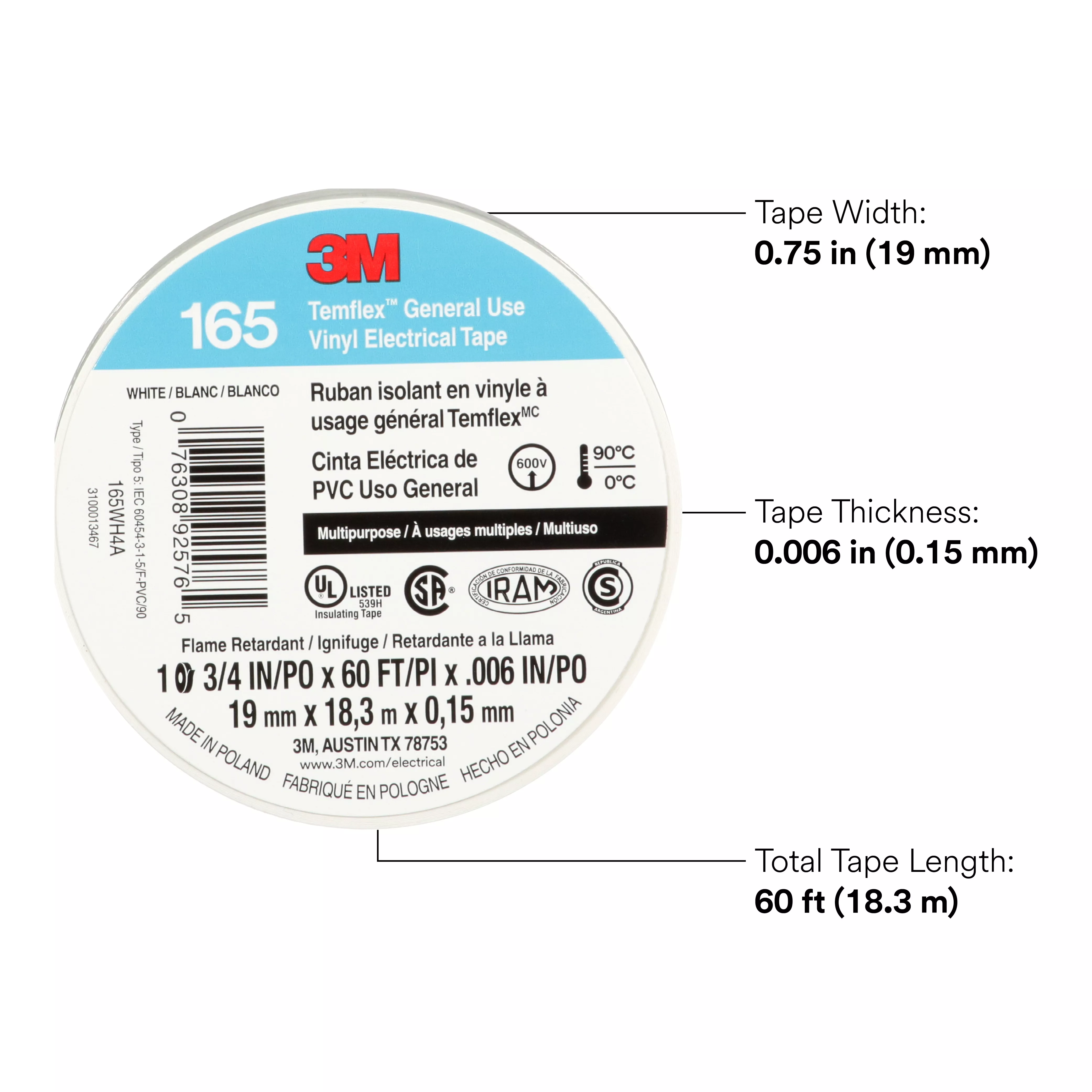 SKU 7100169491 | 3M™ Temflex™ Vinyl Electrical Tape 165