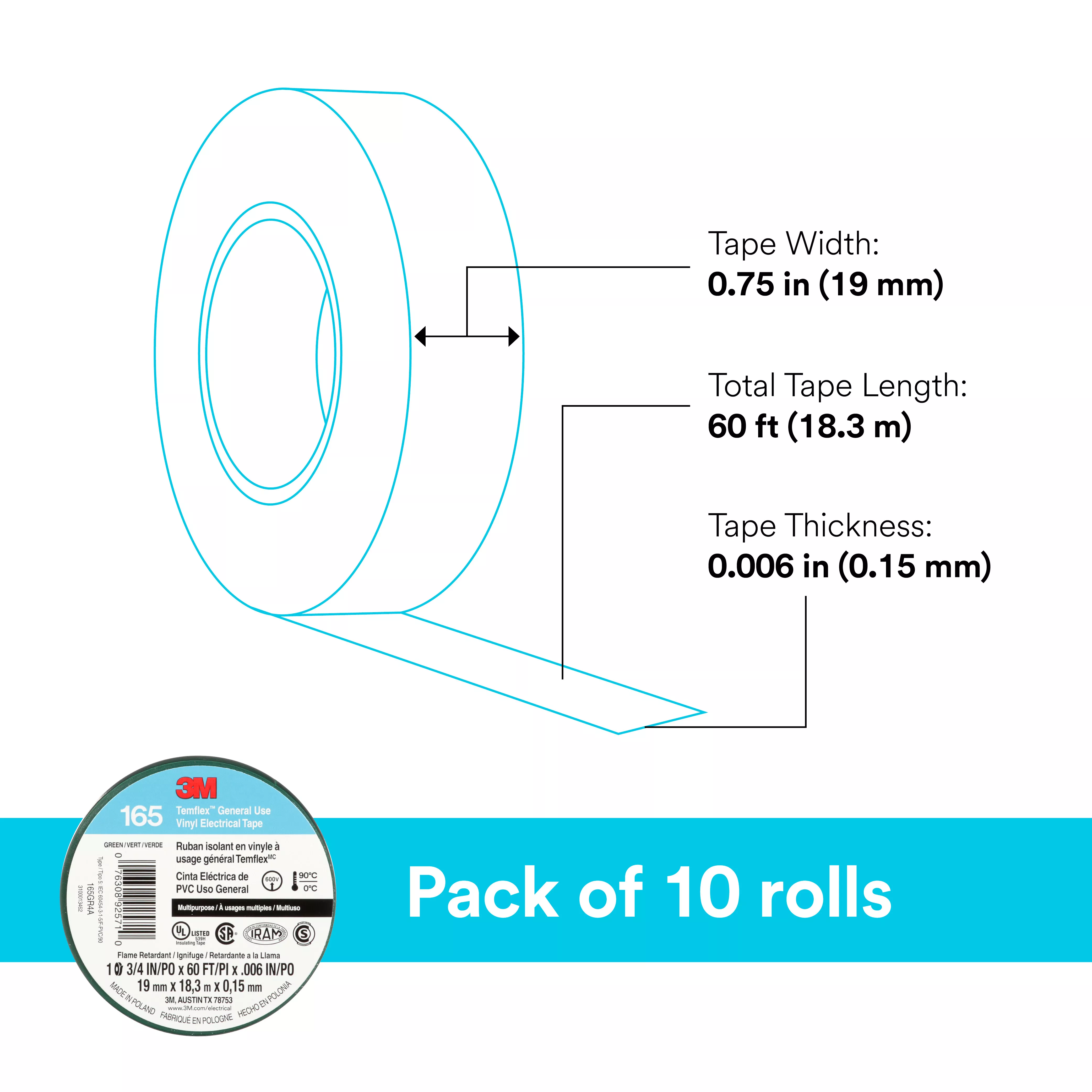 SKU 7100169430 | 3M™ Temflex™ Vinyl Electrical Tape 165