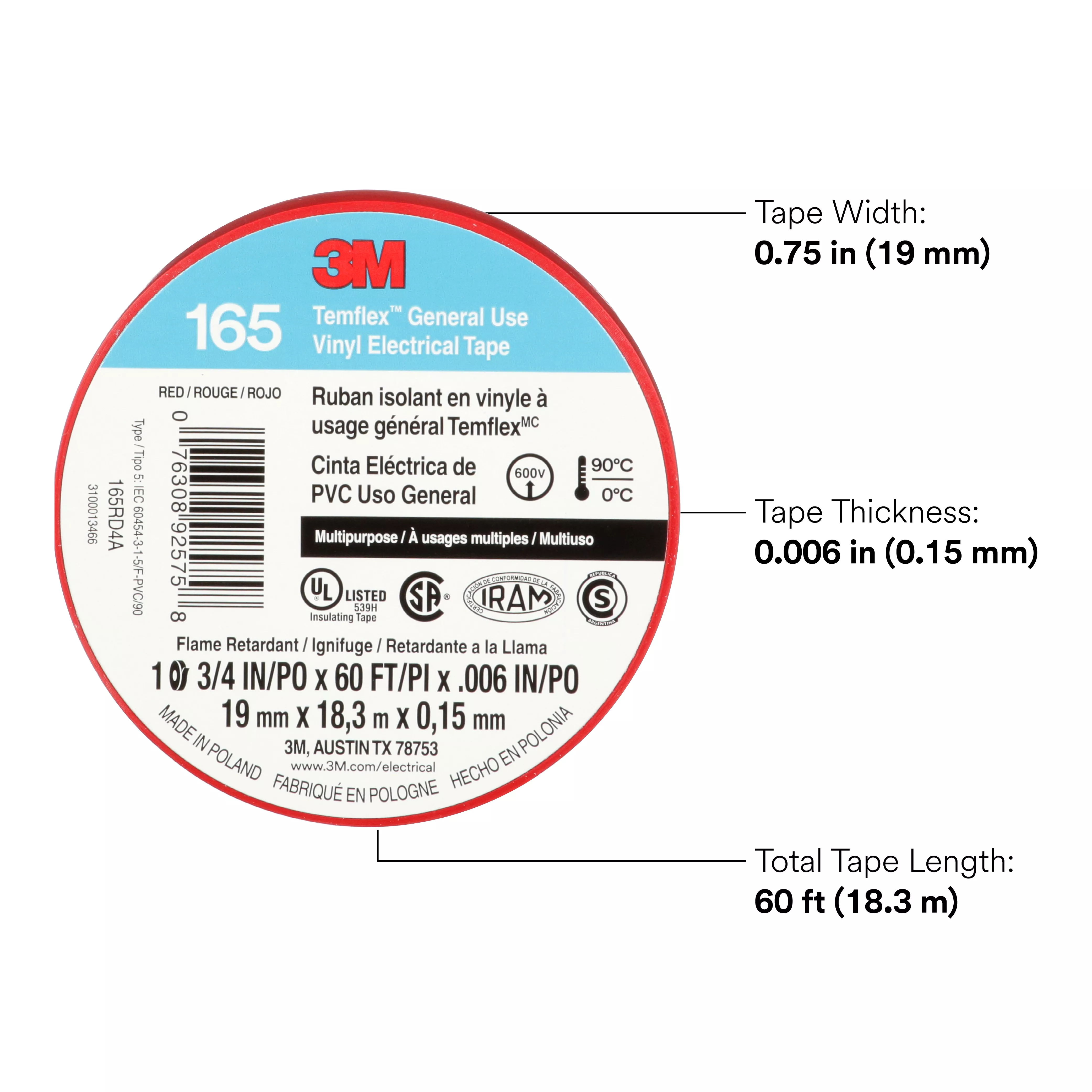 SKU 7100169492 | 3M™ Temflex™ Vinyl Electrical Tape 165