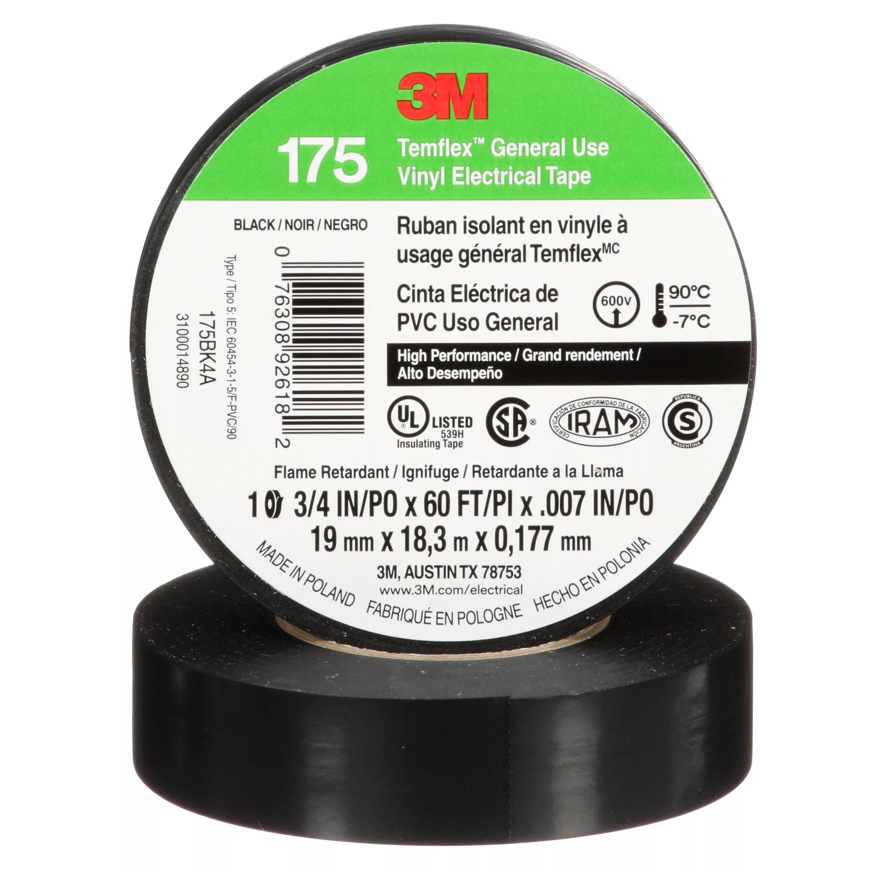 3M™ Temflex™ Vinyl Electrical Tape 175, Black, 3/4 in x 60 ft (19 mm x 18 m), 7 mil, 100 Rolls/Case