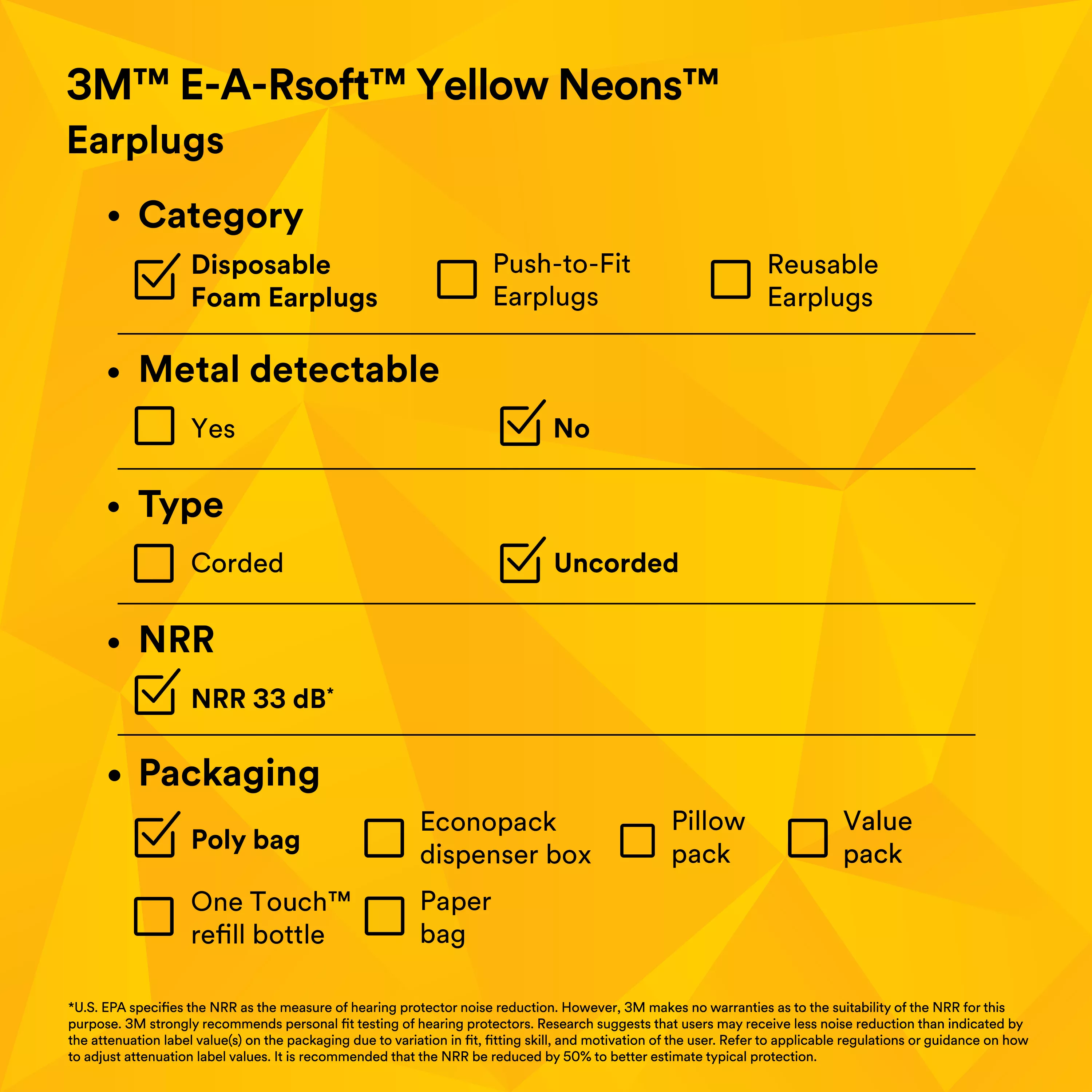 SKU 7000002303 | 3M™ E-A-Rsoft™ Yellow Neons™ Earplugs 312-1250