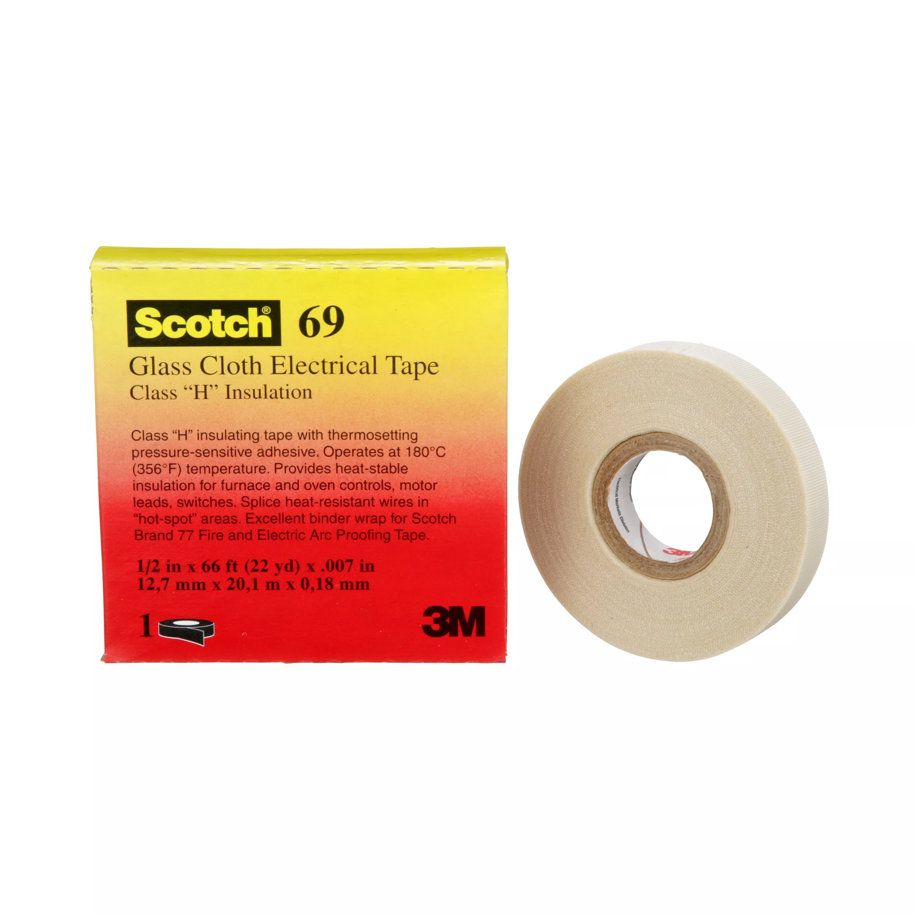 3M™ Glass Cloth Electrical Tape 69, 1/2 in x 66 ft, White, 50 Rolls/Case
