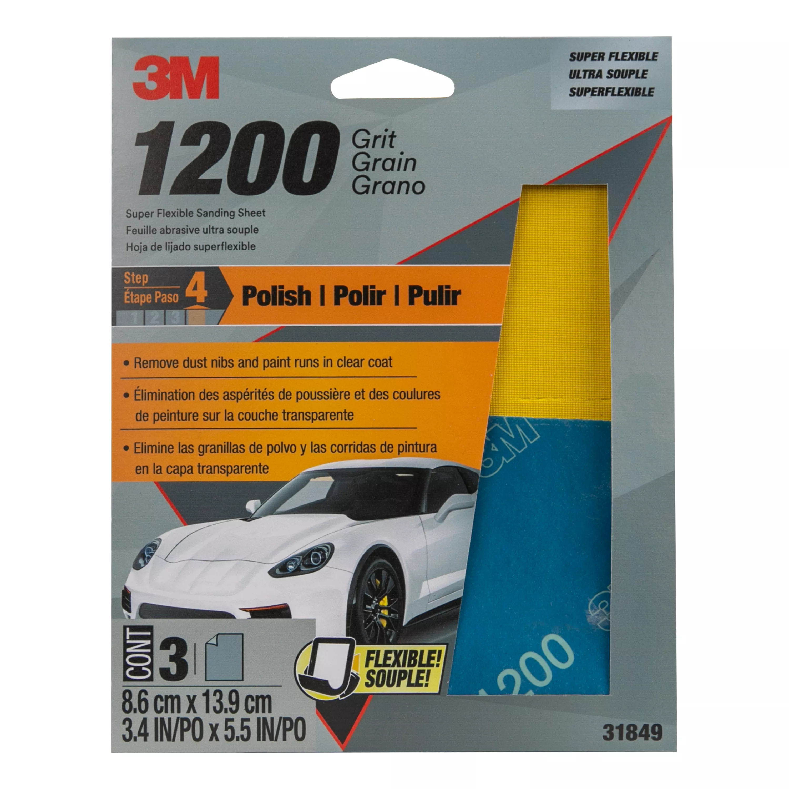 3M™ Super Flexible Sanding Sheets, 31849, 1200 Grit, 3 pack, 20 packs per case