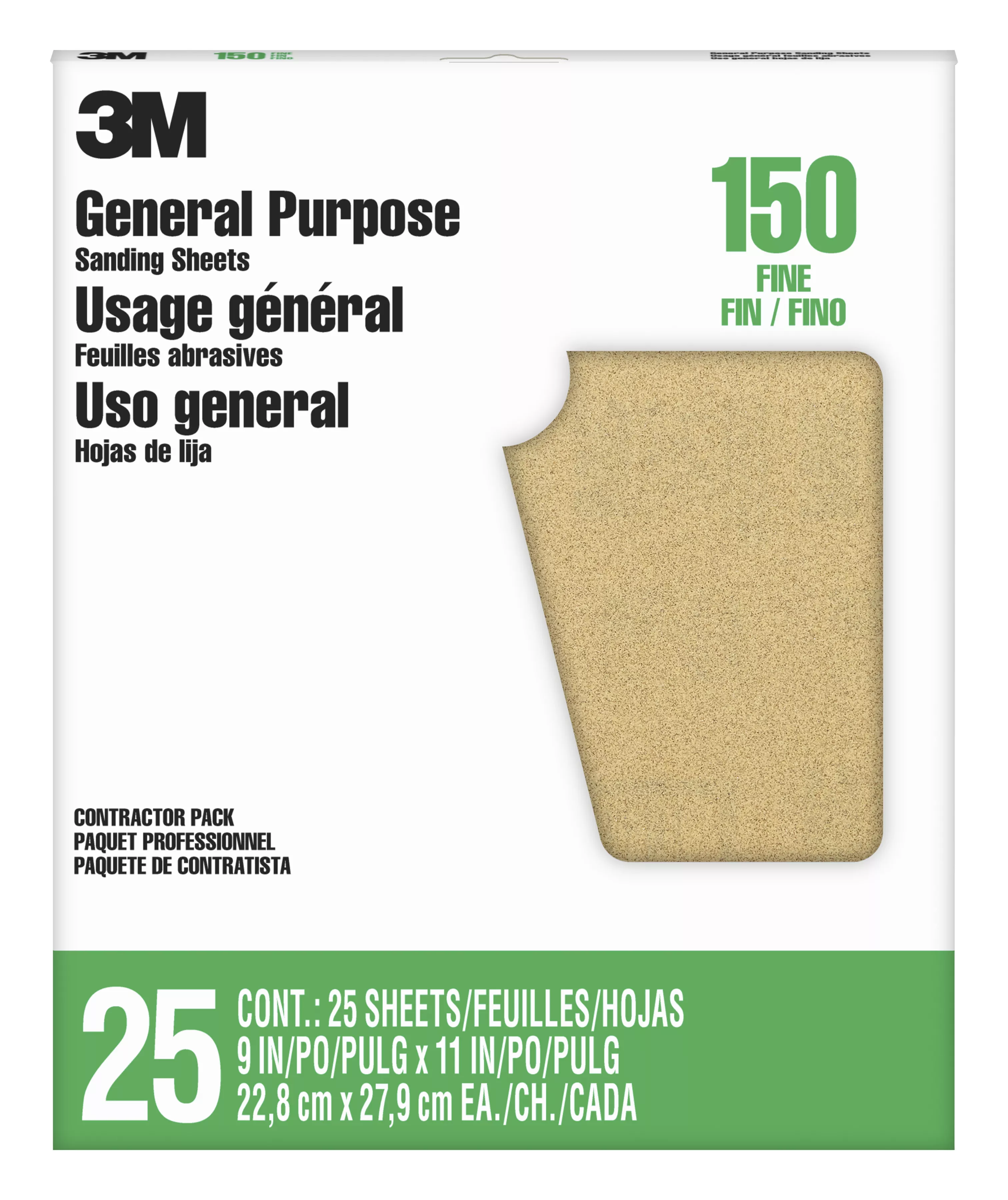 3M™ Pro-Pak™ General Purpose Sanding Sheets, 11602NA-25, 9 in x 11 in, 150 grit, Fine Grit 25 sheets/pk, 5 pks/cs