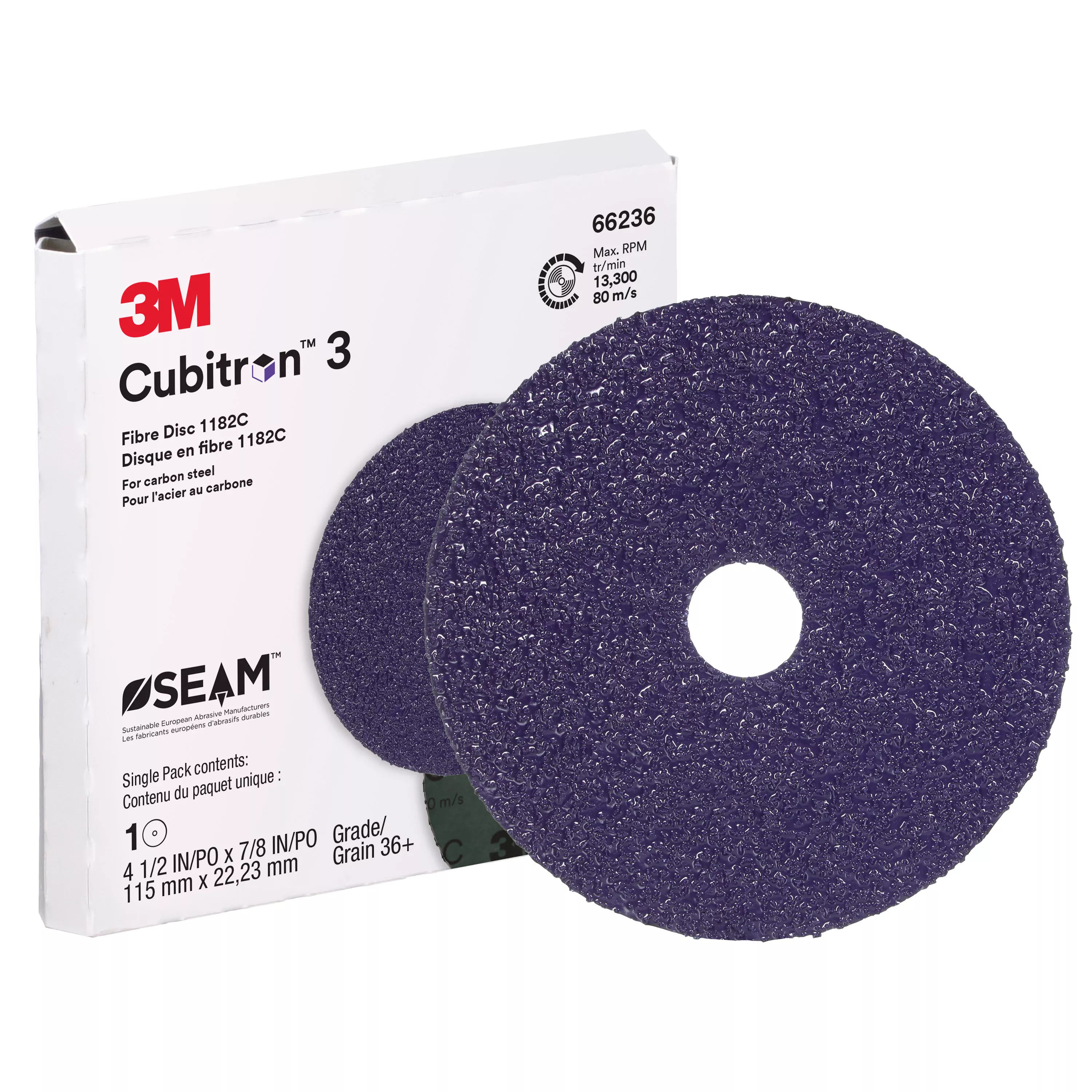 3M™ Cubitron™ 3 Fibre Disc 1182C, 36+, 4-1/2 in x 7/8 in, Die 450E, 10 ea/Case, Single Pack