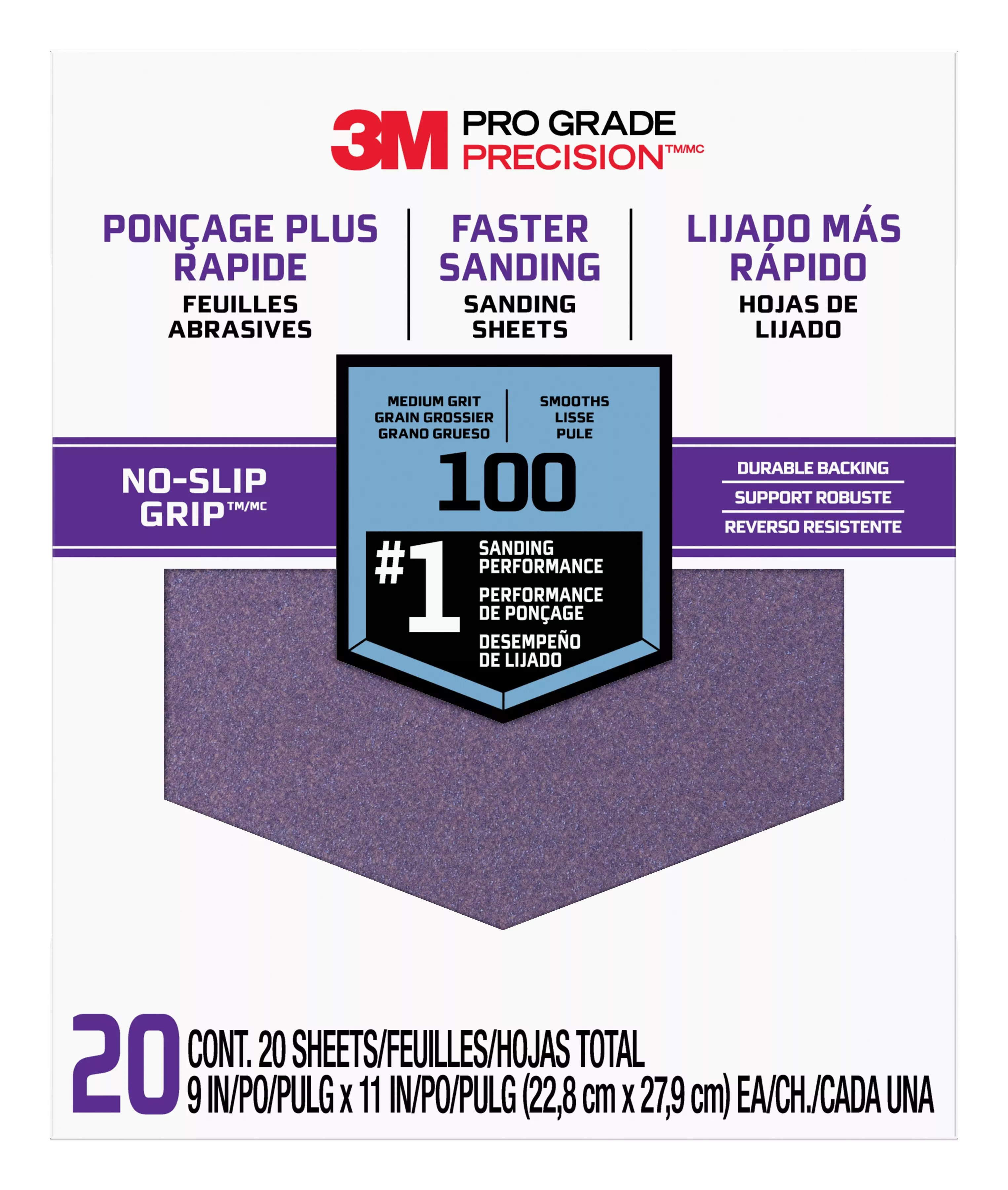 3M™ Pro Grade Precision™ Faster Sanding Sanding Sheets 100 grit Medium,
27100TRI-20, 9 in x 11 in, 20/pk