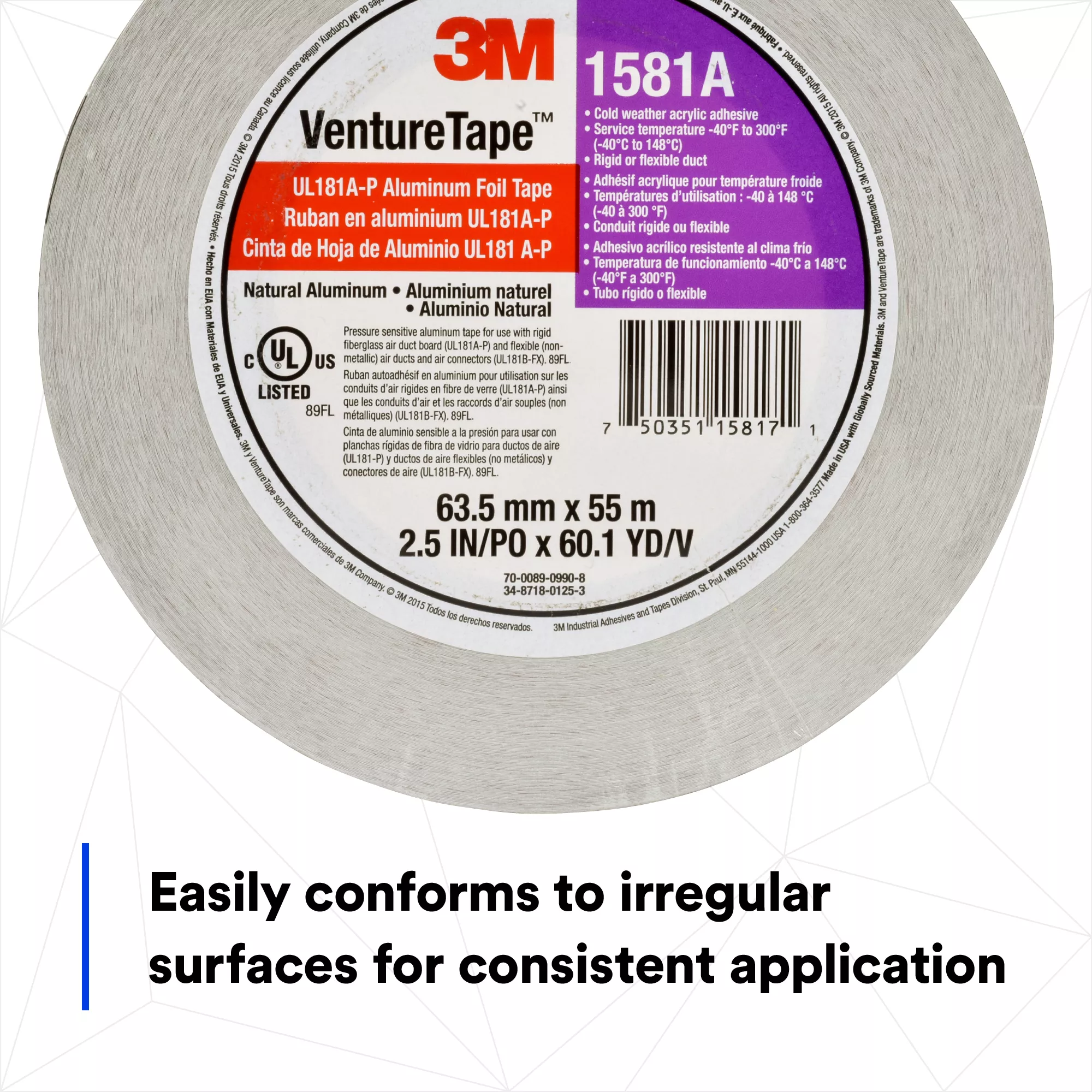 SKU 7100043830 | 3M™ Venture Tape™ UL181A-P Aluminum Foil Tape 1581A