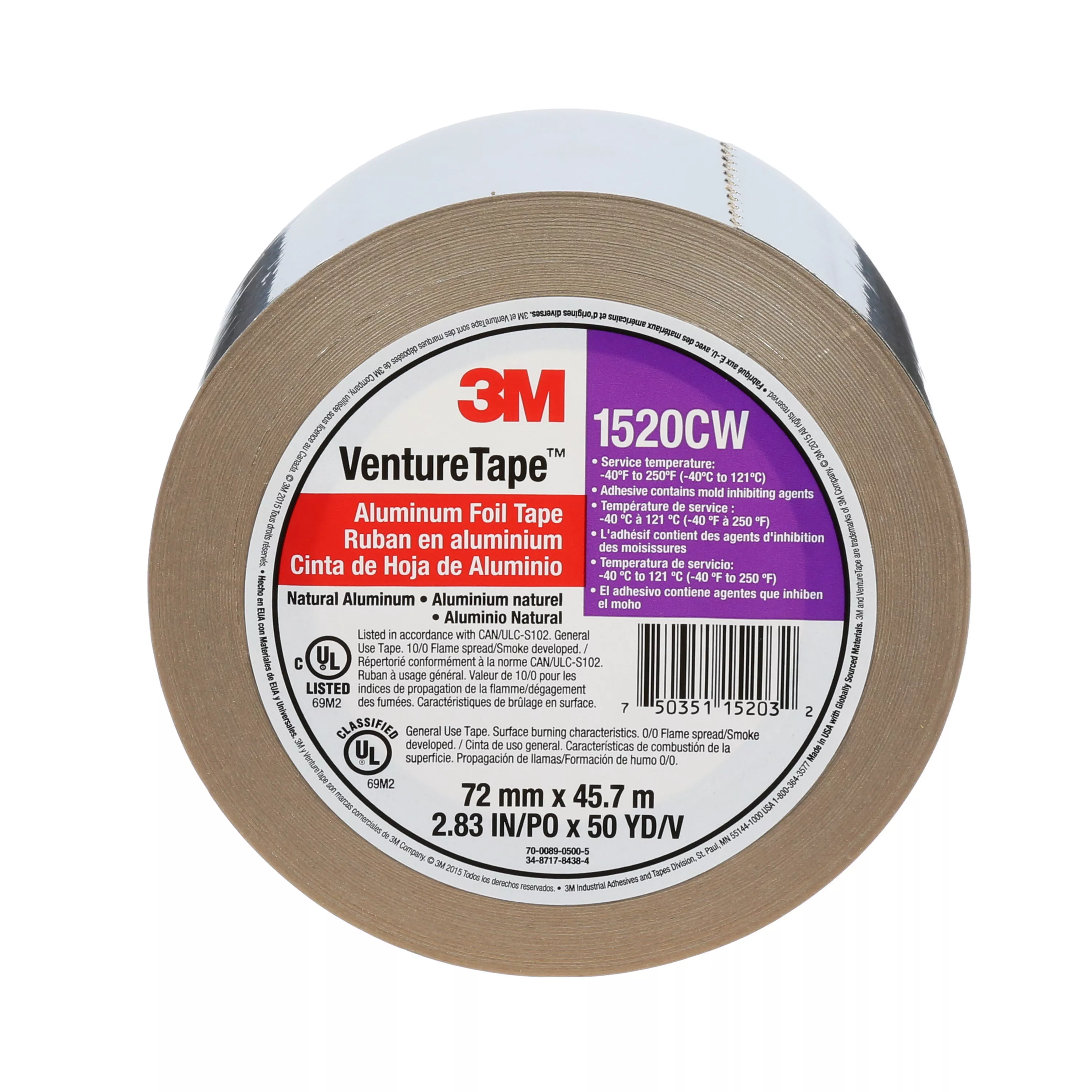 3M™ Venture Tape™ Aluminum Foil Tape 1520CW, Silver, 72 mm x 45.7 m, 3.2 mil, 16 Rolls/Case