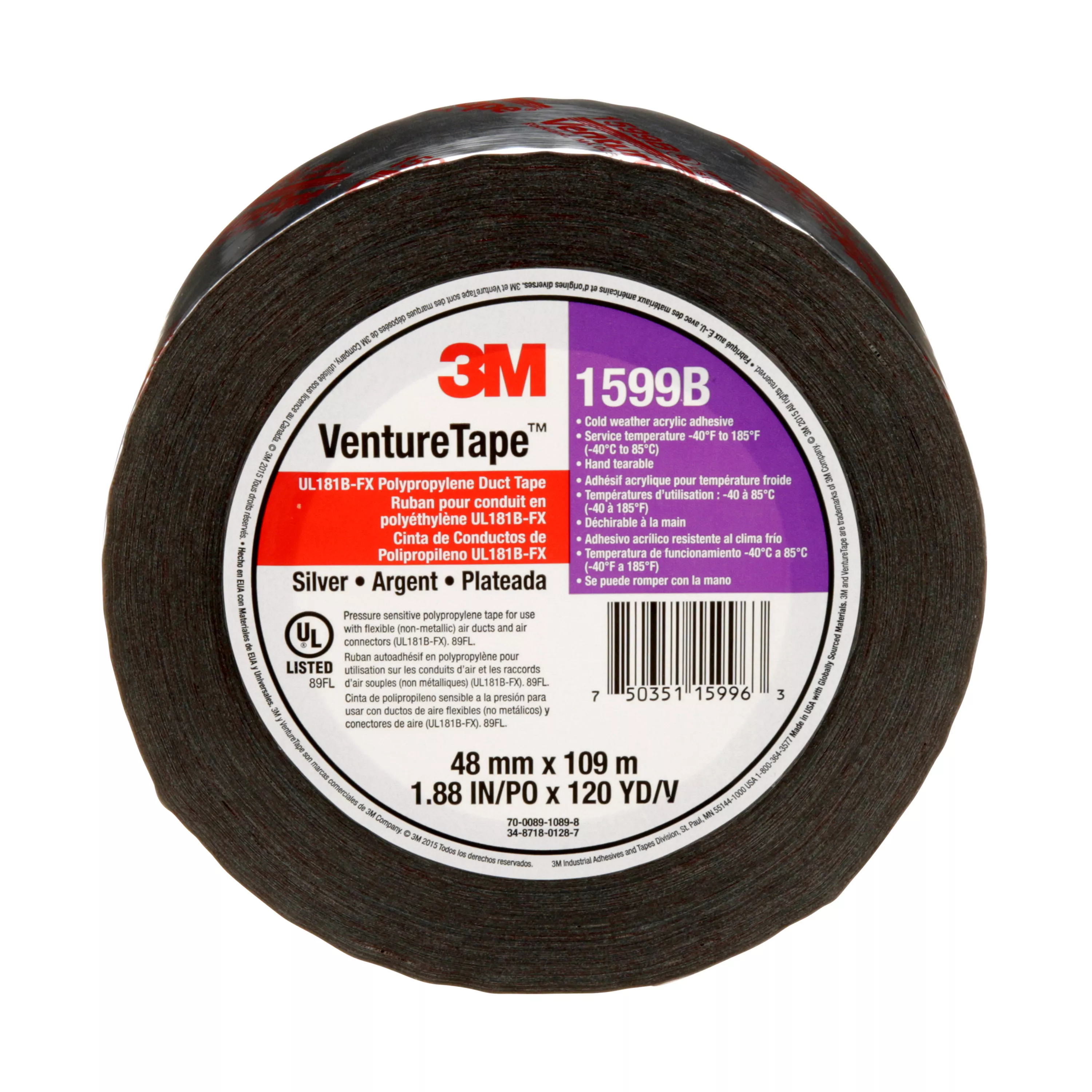 3M™ Venture Tape™ UL181B-FX Polypropylene Duct Tape 1599B, Silver, 48 mm x 109.7 m, 3 mil, 24 Rolls/Case