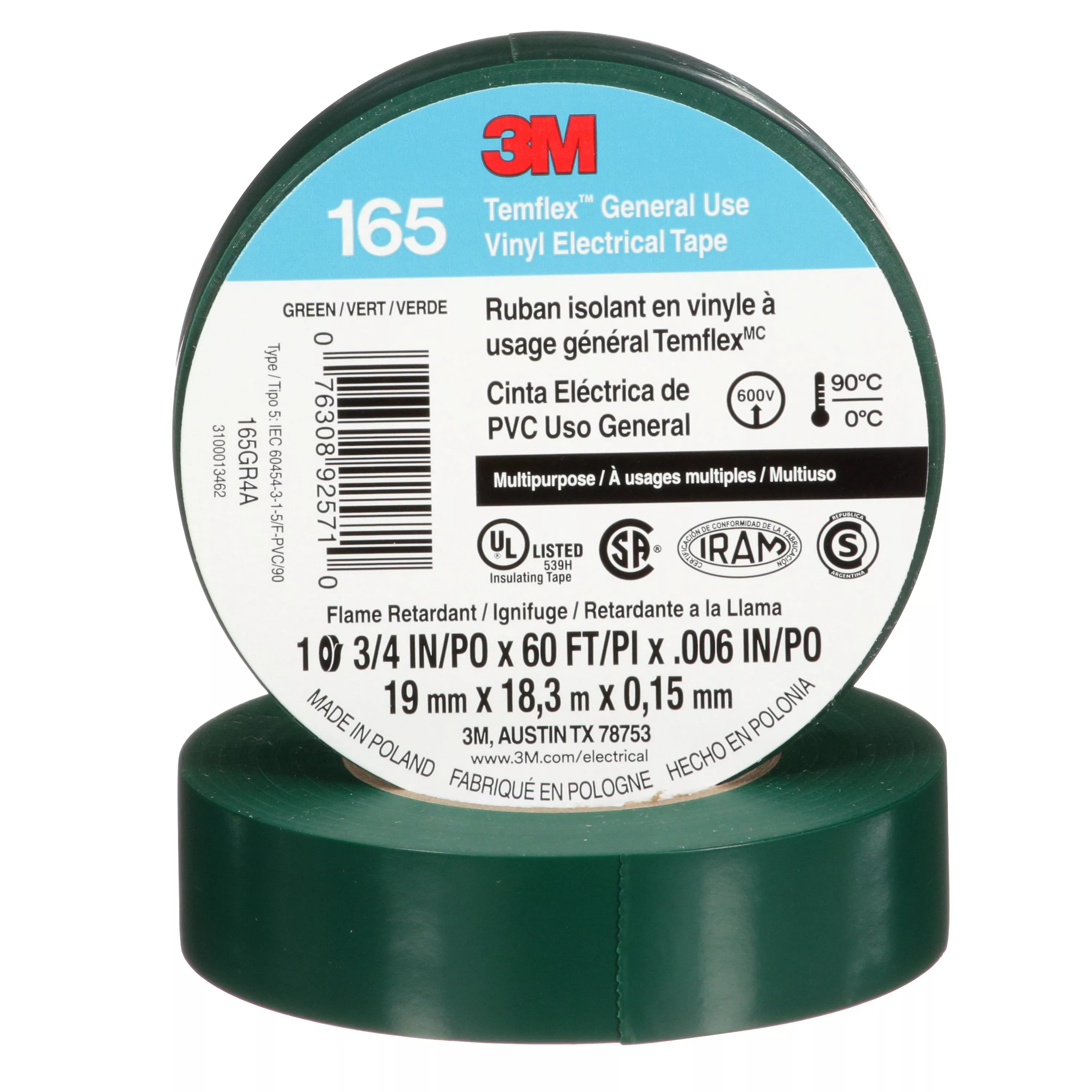 3M™ Temflex™ Vinyl Electrical Tape 165, Green, 3/4 in x 60 ft (19 mm x 18 m), 6 mil, 100 Rolls/Case