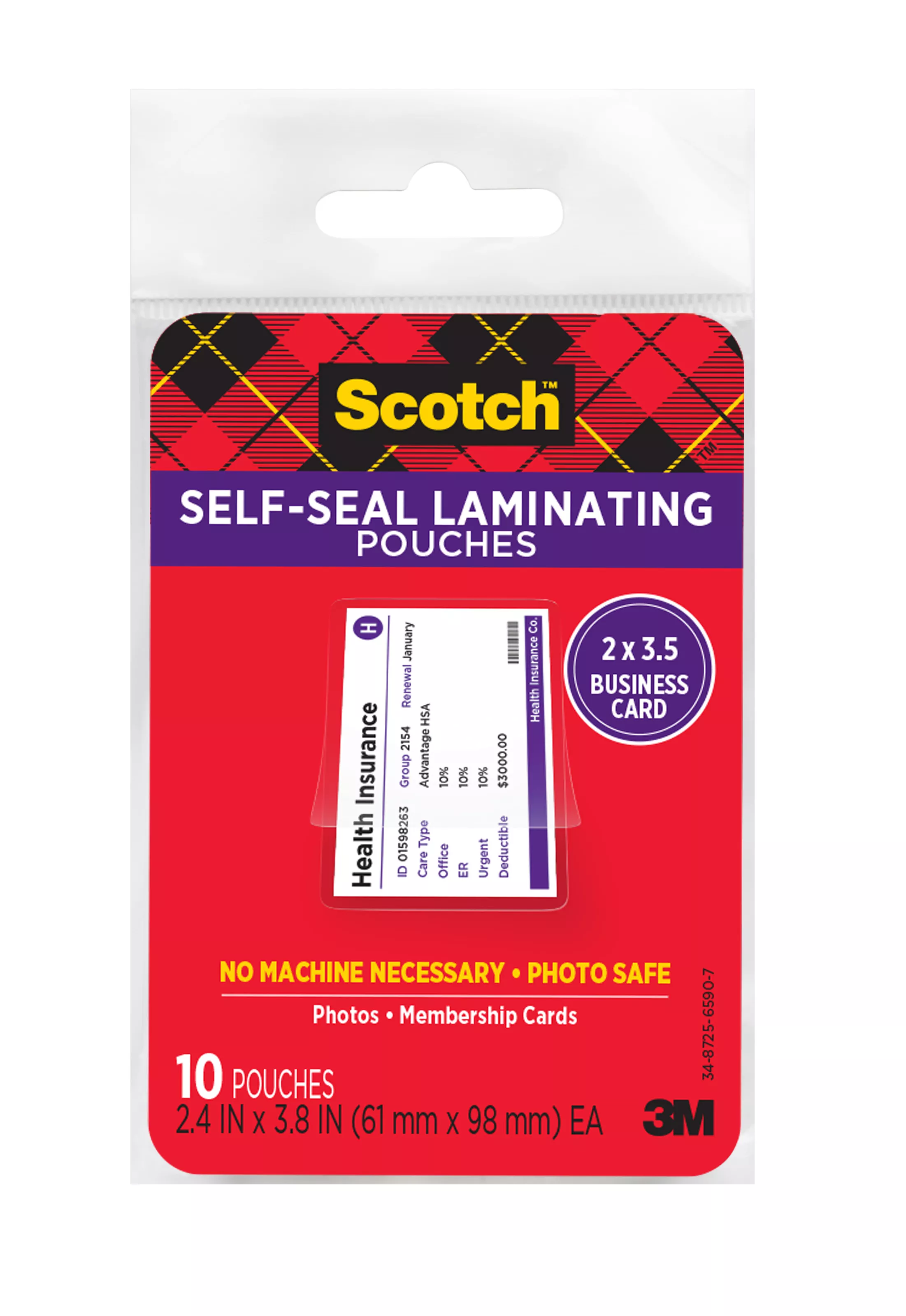 LS851-10G-SR Scotch™ Self-Sealing Laminating Pouches 2.4 in x 3.8 in (61 mm x 98 mm)