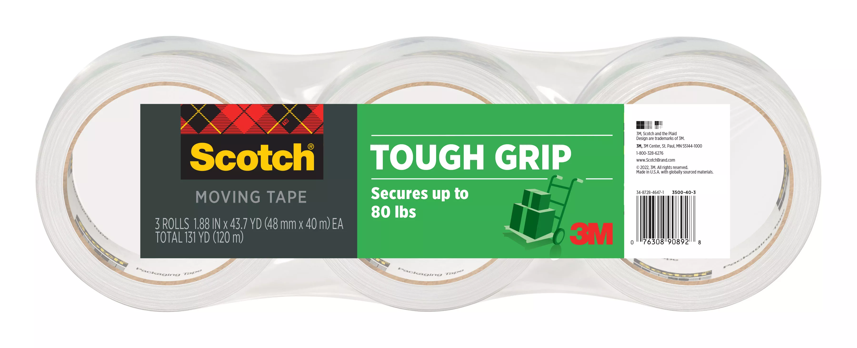 Scotch® Tough Grip Moving Packaging Tape 3500-40-3, 1.88 in x 43.7 yd
(48 mm x 40 m)