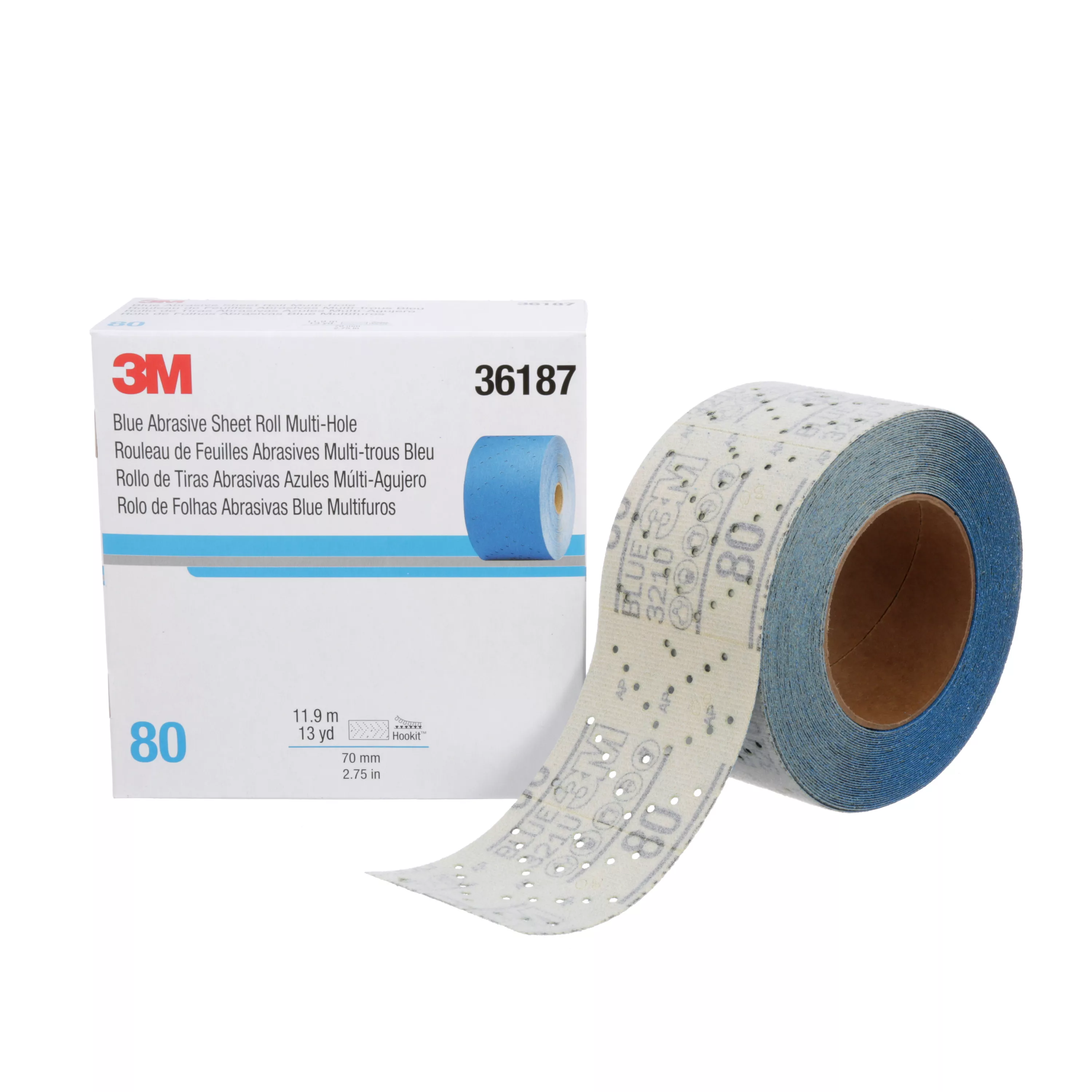 3M™ Hookit™ Blue Abrasive Sheet Roll Multi-hole, 36187, 80, 2.75 in x 13 y, 4 cartons per case