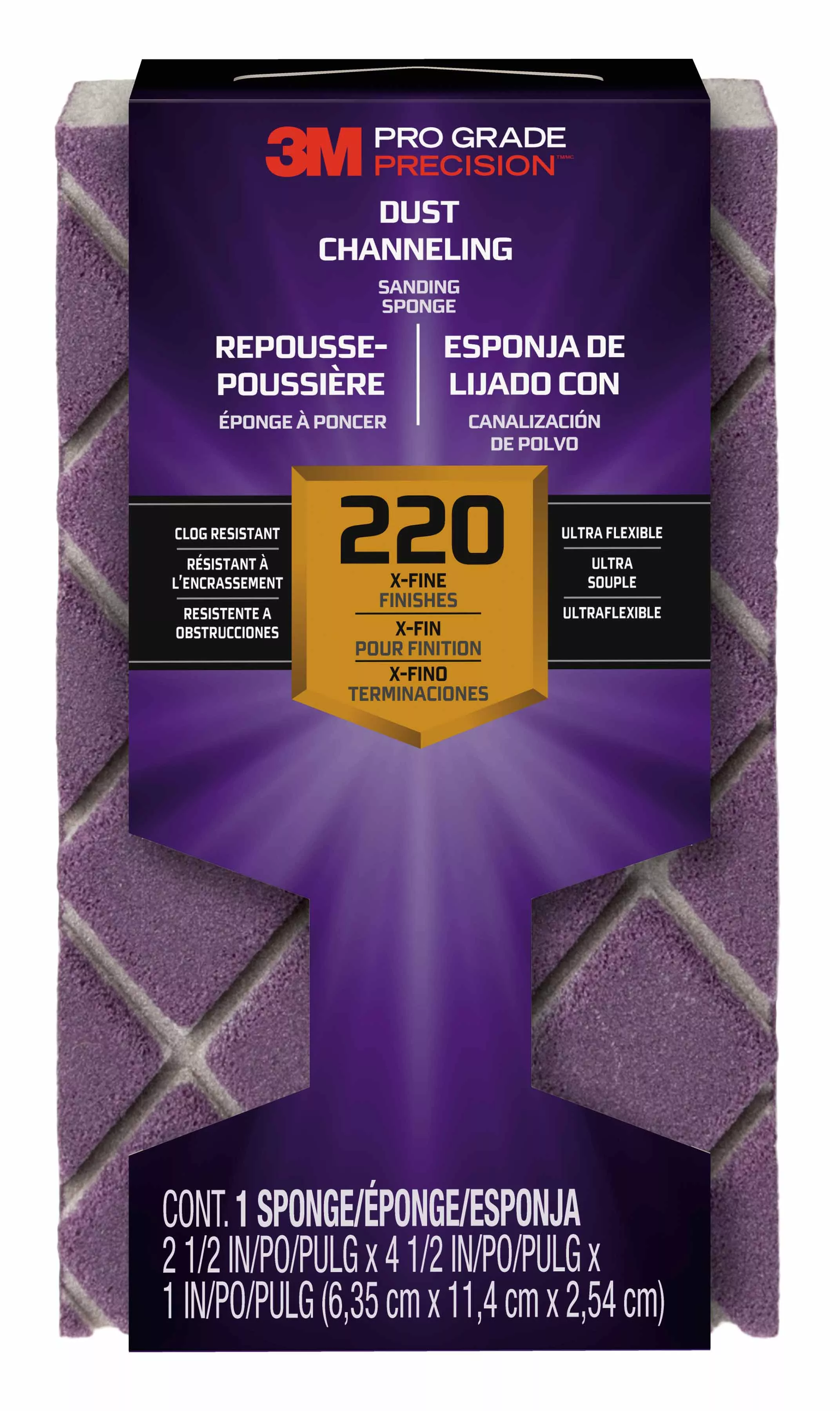 3M™ Pro Grade Precision™ Dust Channeling Block Sanding Sponge 220 grit Extra Fine, 2504TRI-220-CH, 4.5 in x 2.5 in x 1 in, 12/cs