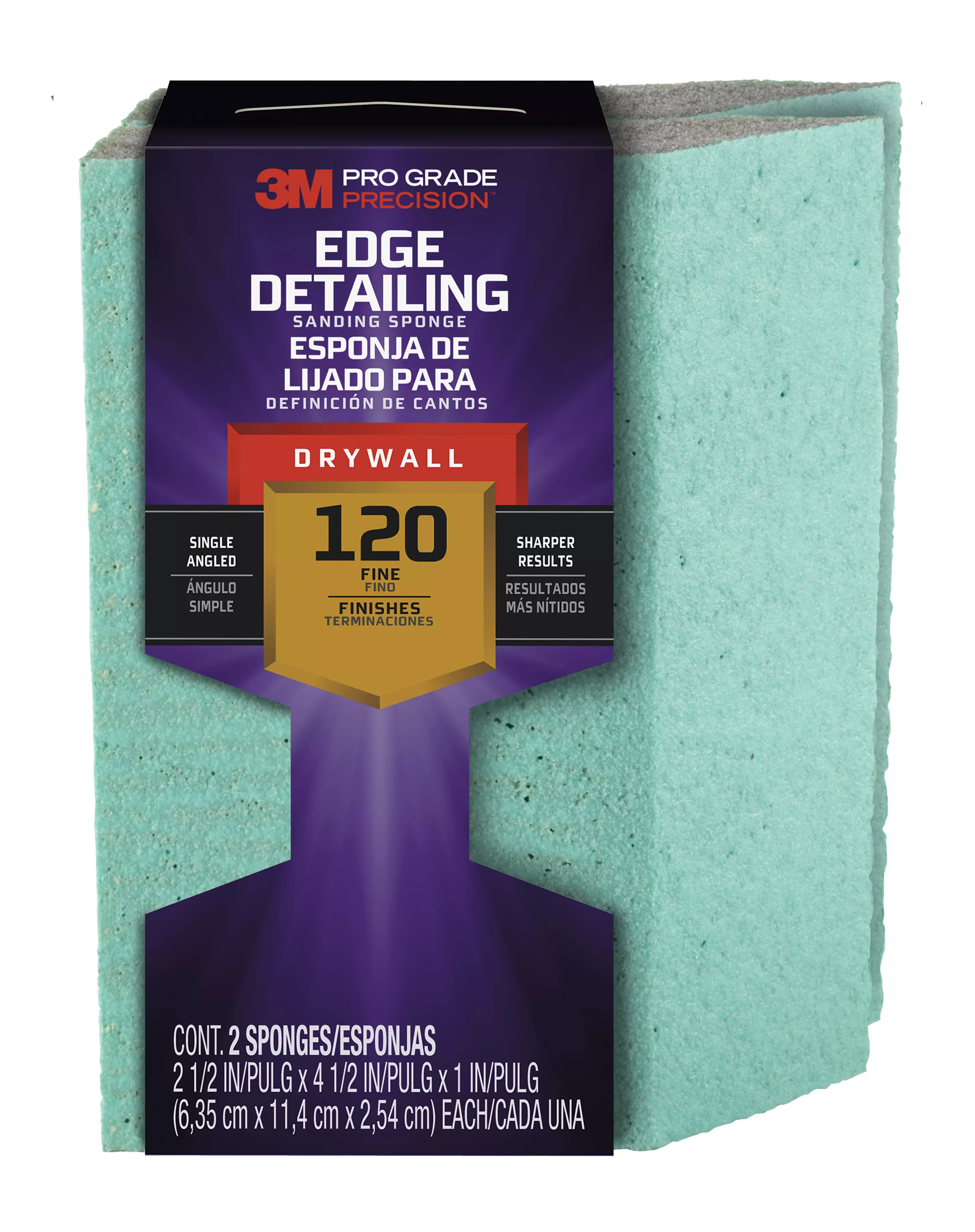 3M™ Pro Grade Precision™ Drywall Edge Detailing Angled Sanding Sponge Fine grit, 30904FPSA, 2.5 x 4.5 x1 in, 2/each, 6/case