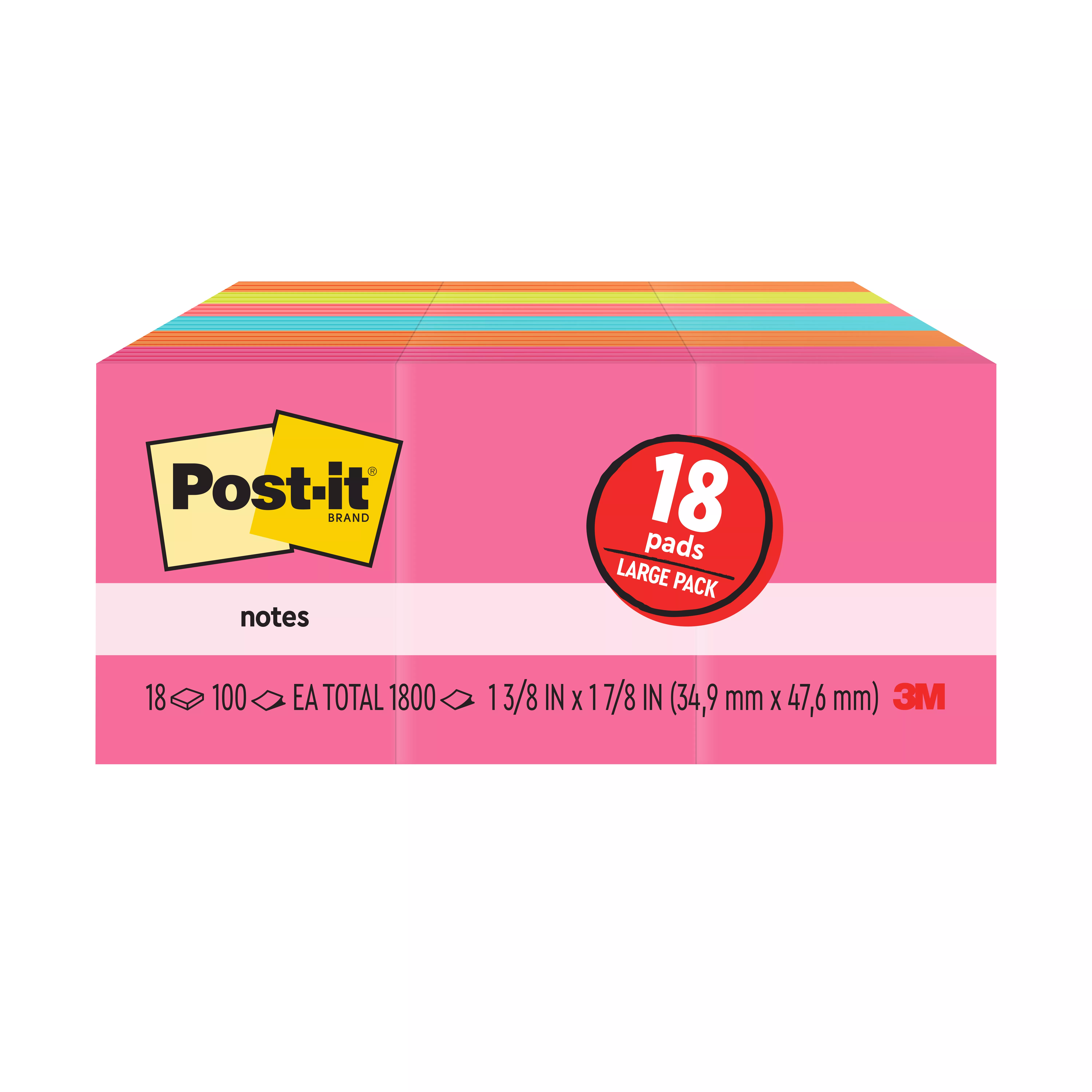 Post-it® Notes 653-18AU, 1 3/8 in x 1 7/8 in (34,9 mm x 47,6 mm) Cape Town Colors, 18 Pads/Pack, 100 Sheets/Pad