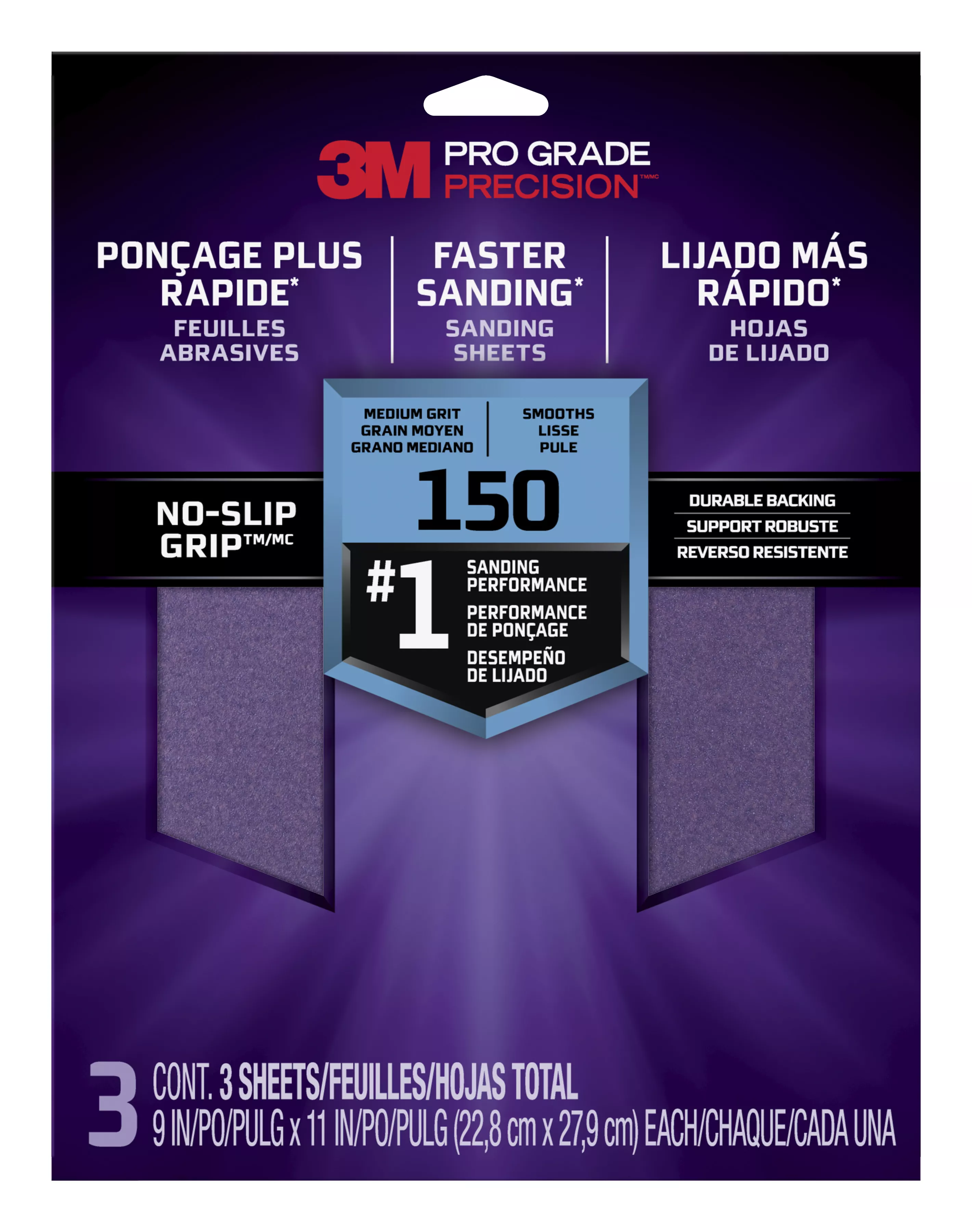 3M™ Pro Grade Precision™ Faster Sanding Sanding Sheets 150 grit Medium, 26150TRI-3, 9 in x 11 in, 3/pk