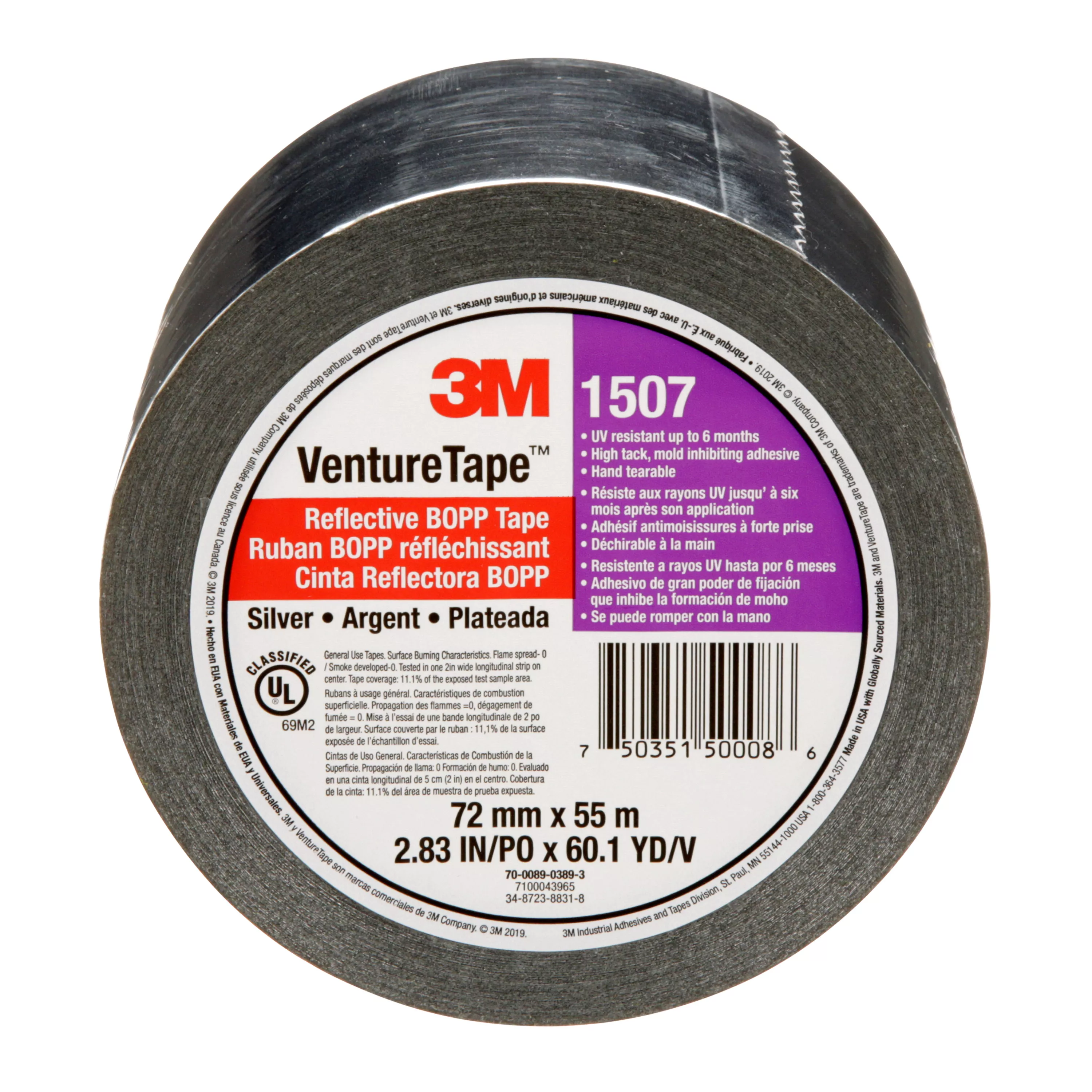 3M™ Venture Tape™ Reflective BOPP Tape 1507, Silver, 72 mm x 55 m, 16 Rolls/Case