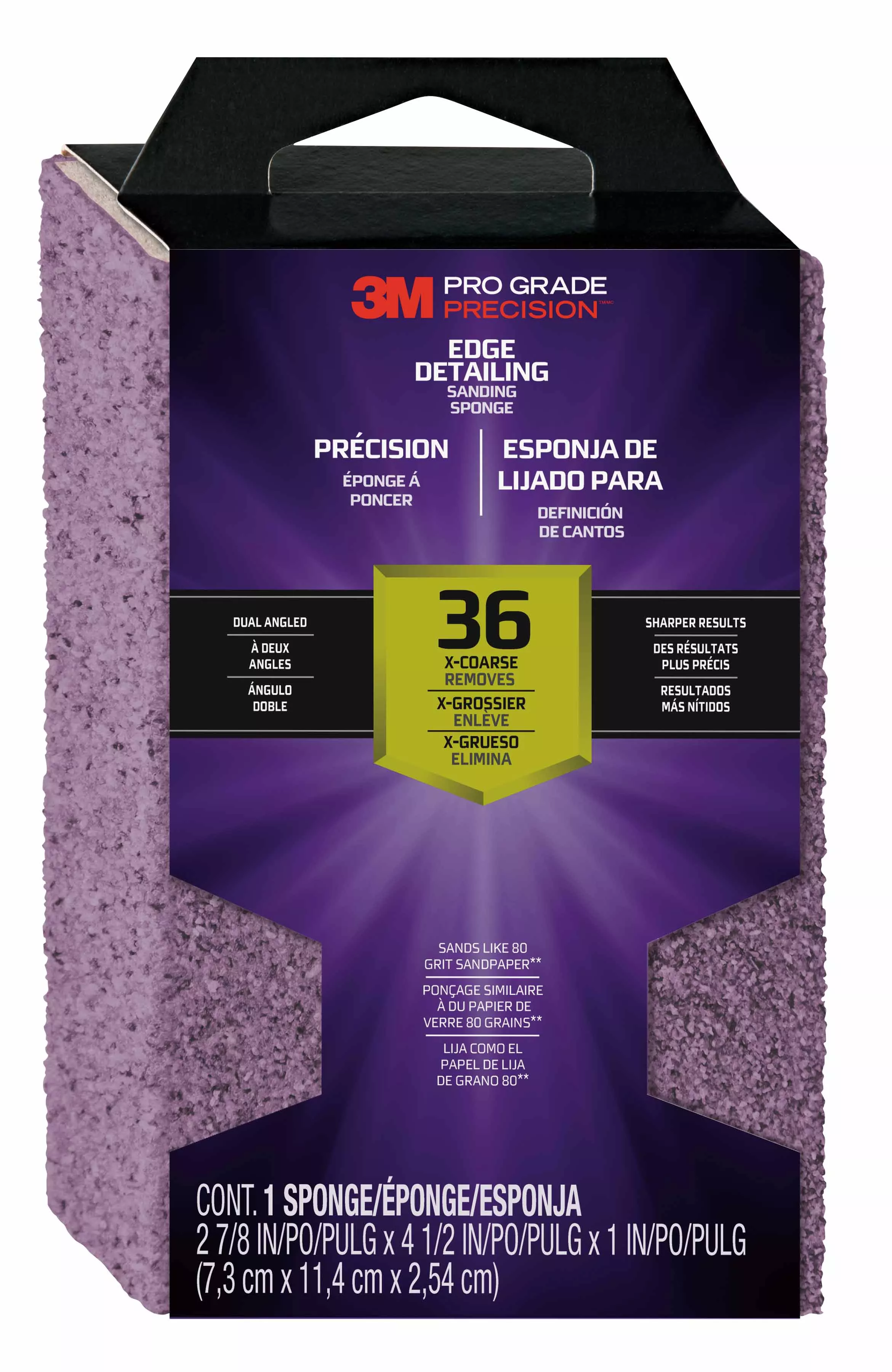 3M™ Pro Grade Precision™ Edge Detailing Dual Angle Sanding Sponge 24303TRI-XC-DA, 2 7/8 in x 4 1/2 in x 1 in, 36 grit, 12/cs