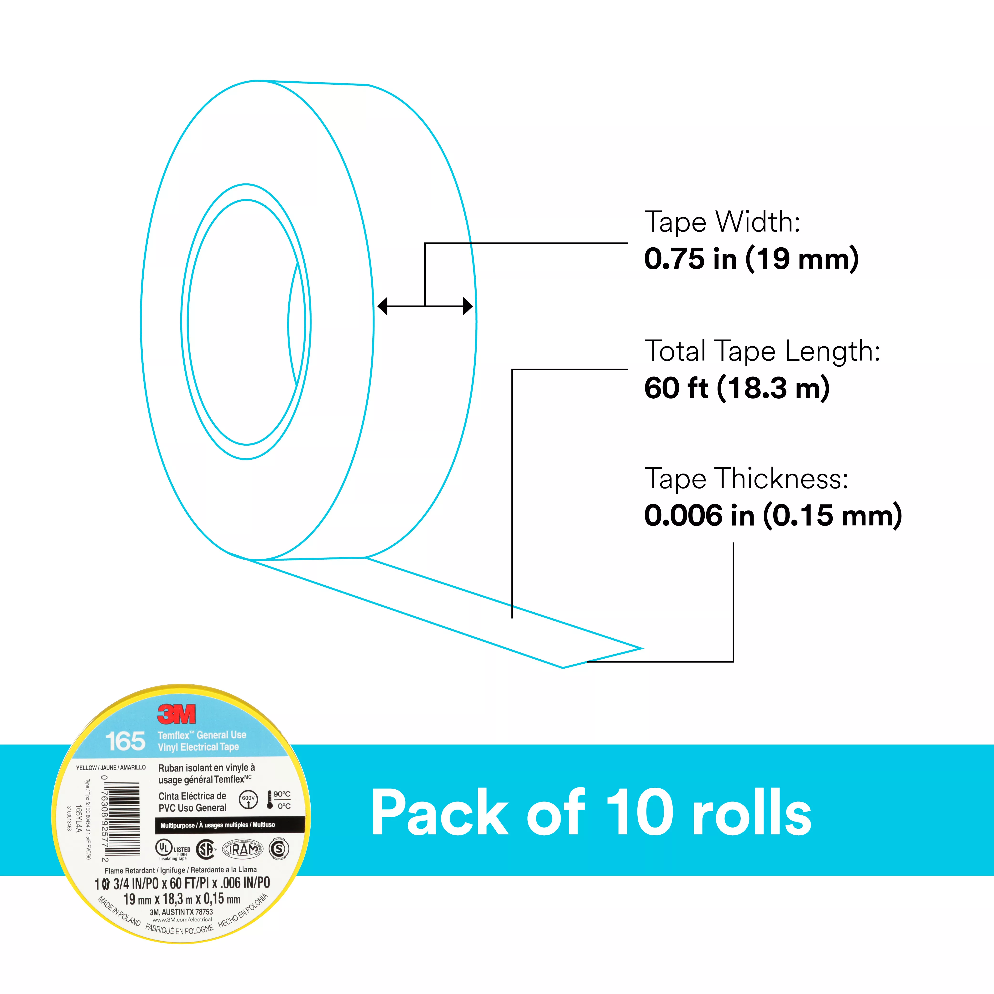 SKU 7100169490 | 3M™ Temflex™ Vinyl Electrical Tape 165