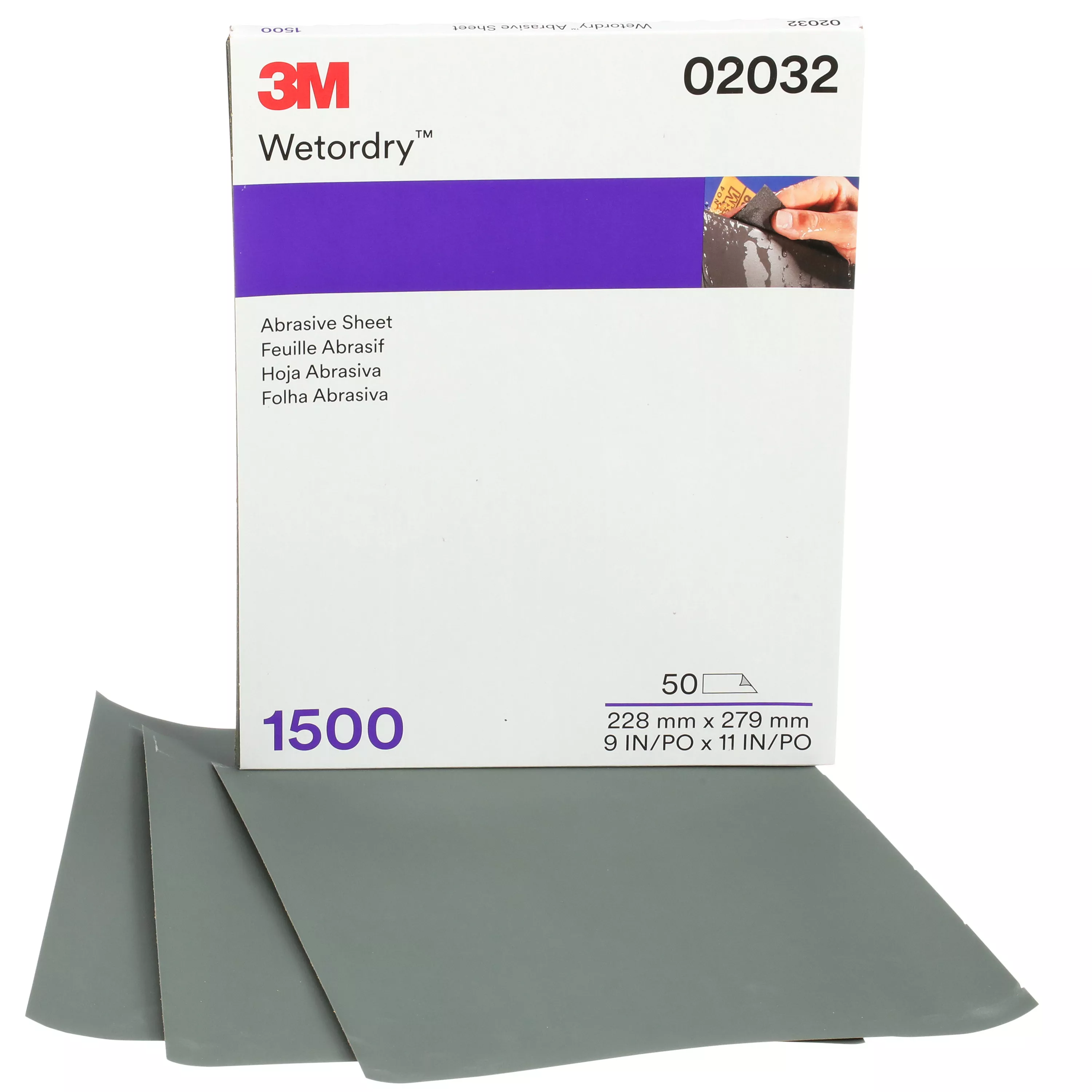 3M™ Wetordry™ Abrasive Sheet, 02032, 9 in x 11 in, 1500 grade, 50 sheets per carton, 5 cartons per case