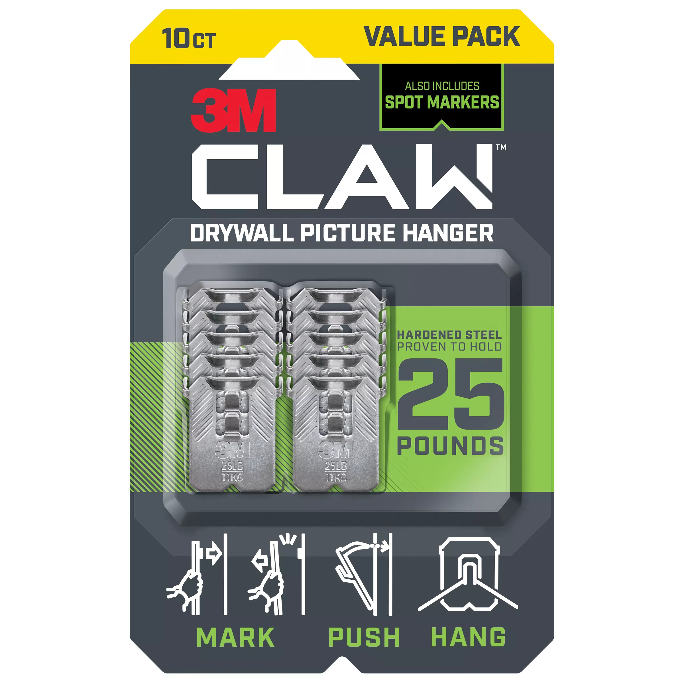 SKU 7100274758 | 3M CLAW™ Drywall Picture Hangers 25lb with Temporary Spot Markers 3PH25M-10ES