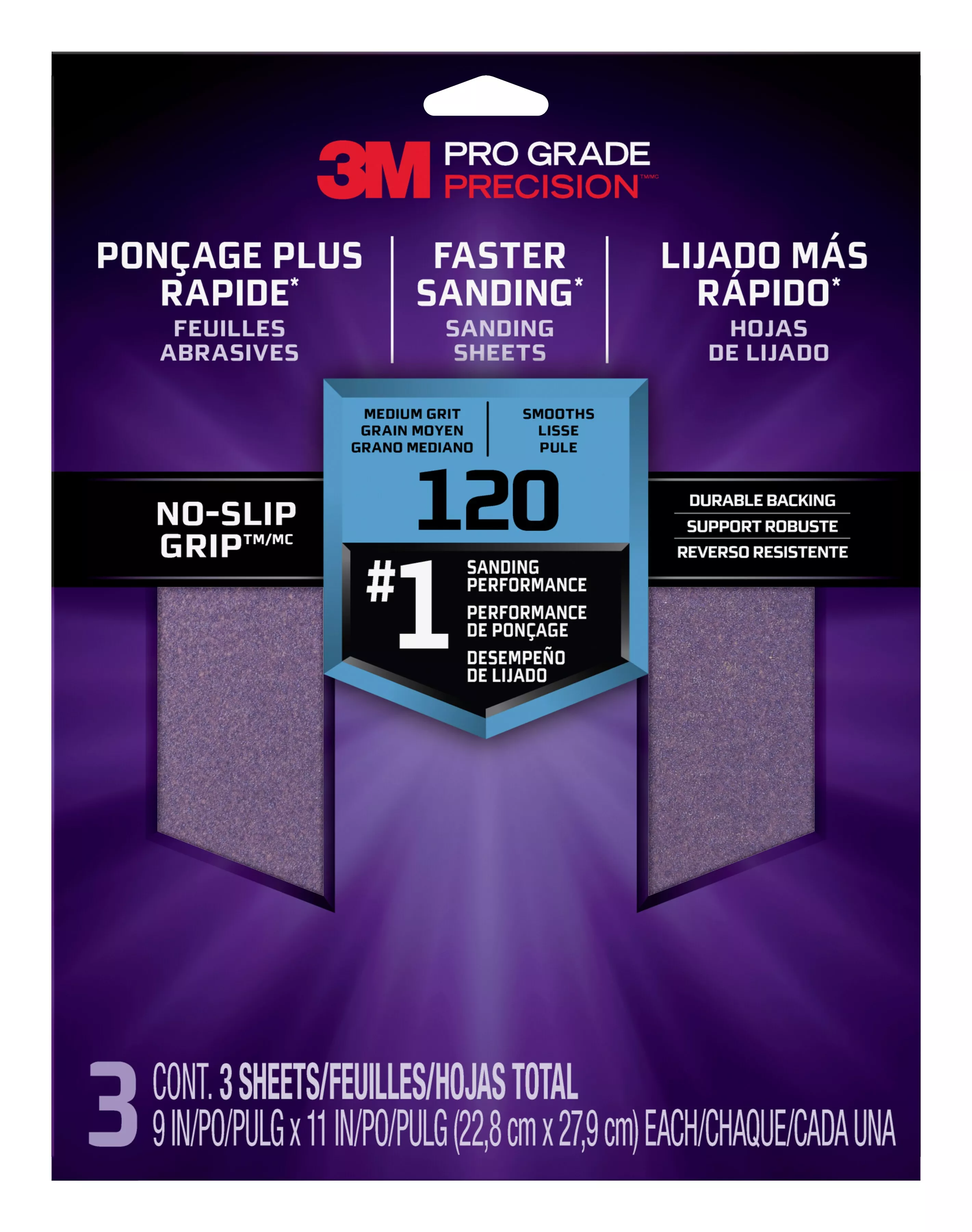 3M™ Pro Grade Precision™ Faster Sanding Sanding Sheets 120 grit Medium,
26120TRI-3, 9 in x 11 in, 3/pk