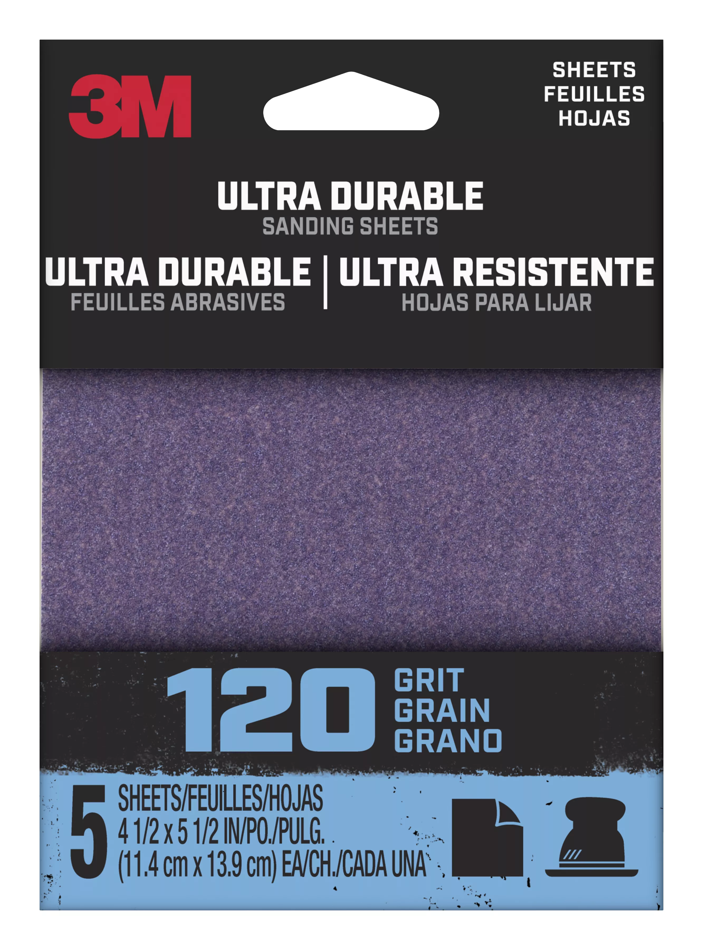 3M™ Ultra Durable Power Sanding 1/4 Sheet, 120 grit, 1/4Sht5pk120, 5 pk, 20/case