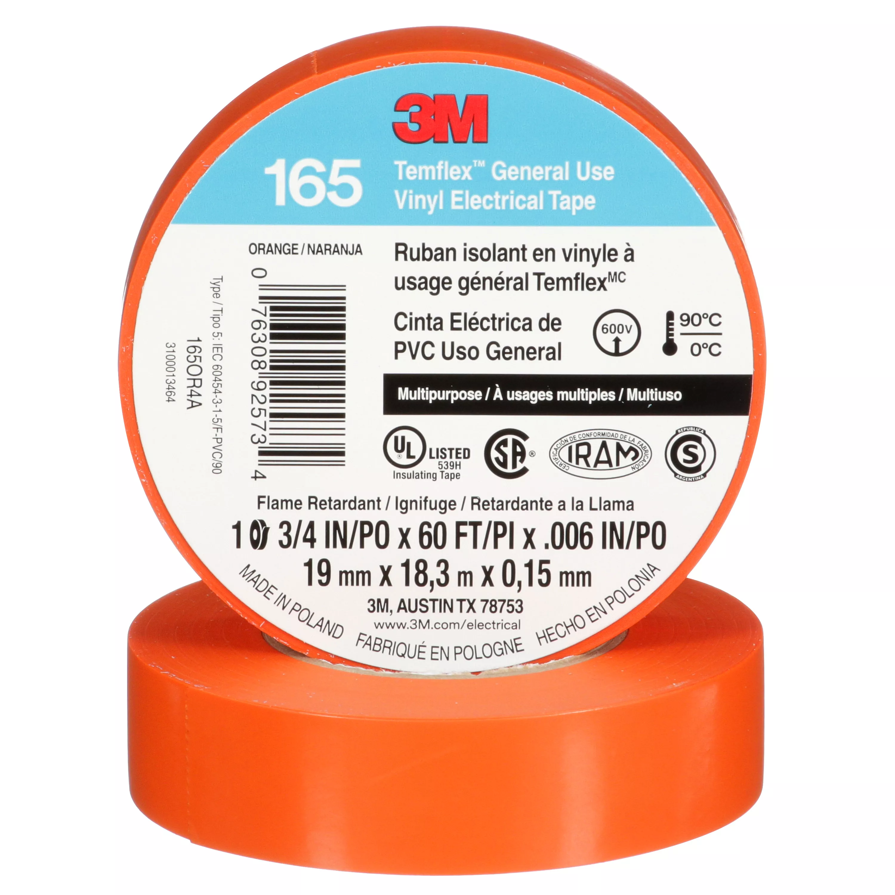 3M™ Temflex™ Vinyl Electrical Tape 165, Orange, 3/4 in x 60 ft (19 mm x 18 m), 6 mil, 100 Rolls/Case