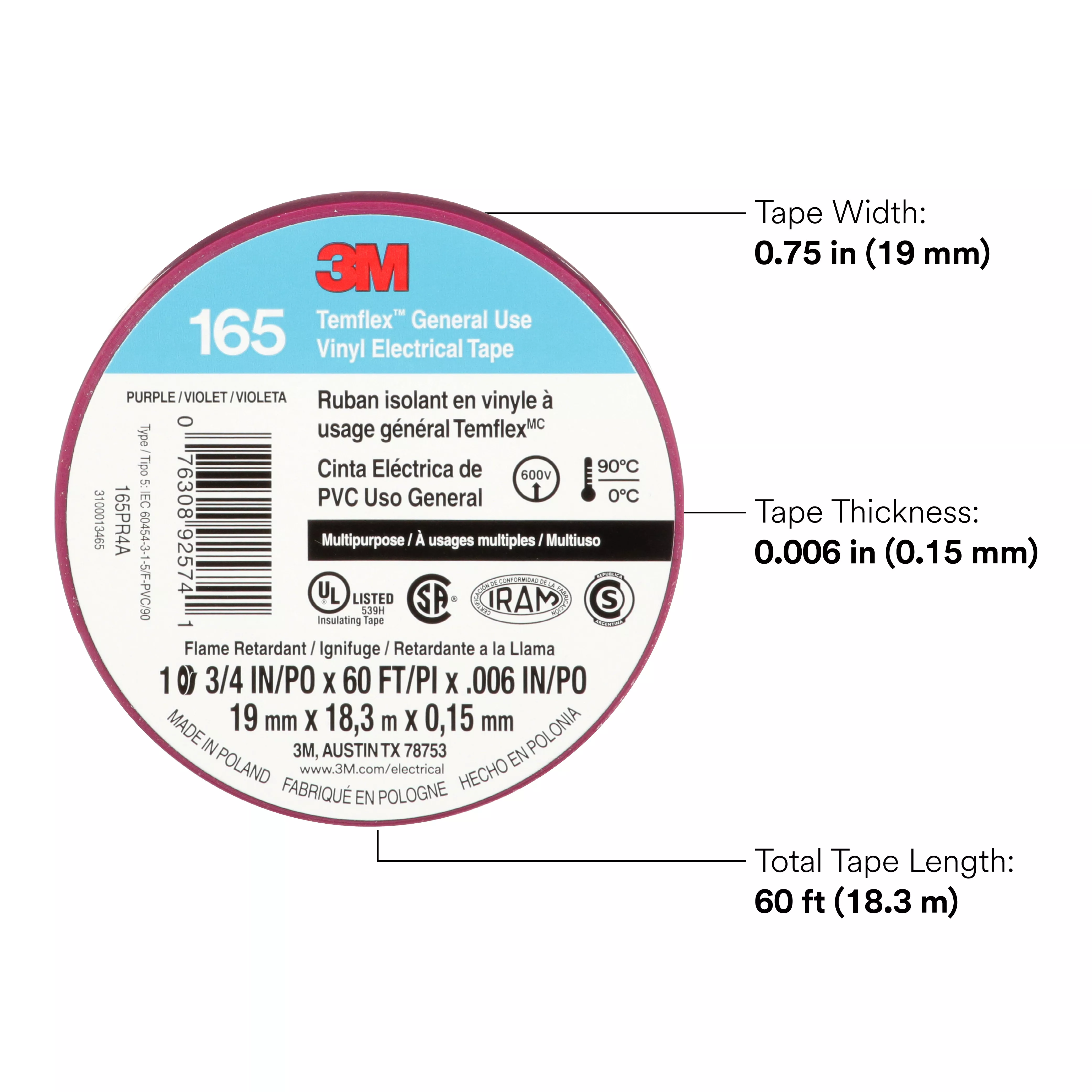 SKU 7100169434 | 3M™ Temflex™ Vinyl Electrical Tape 165