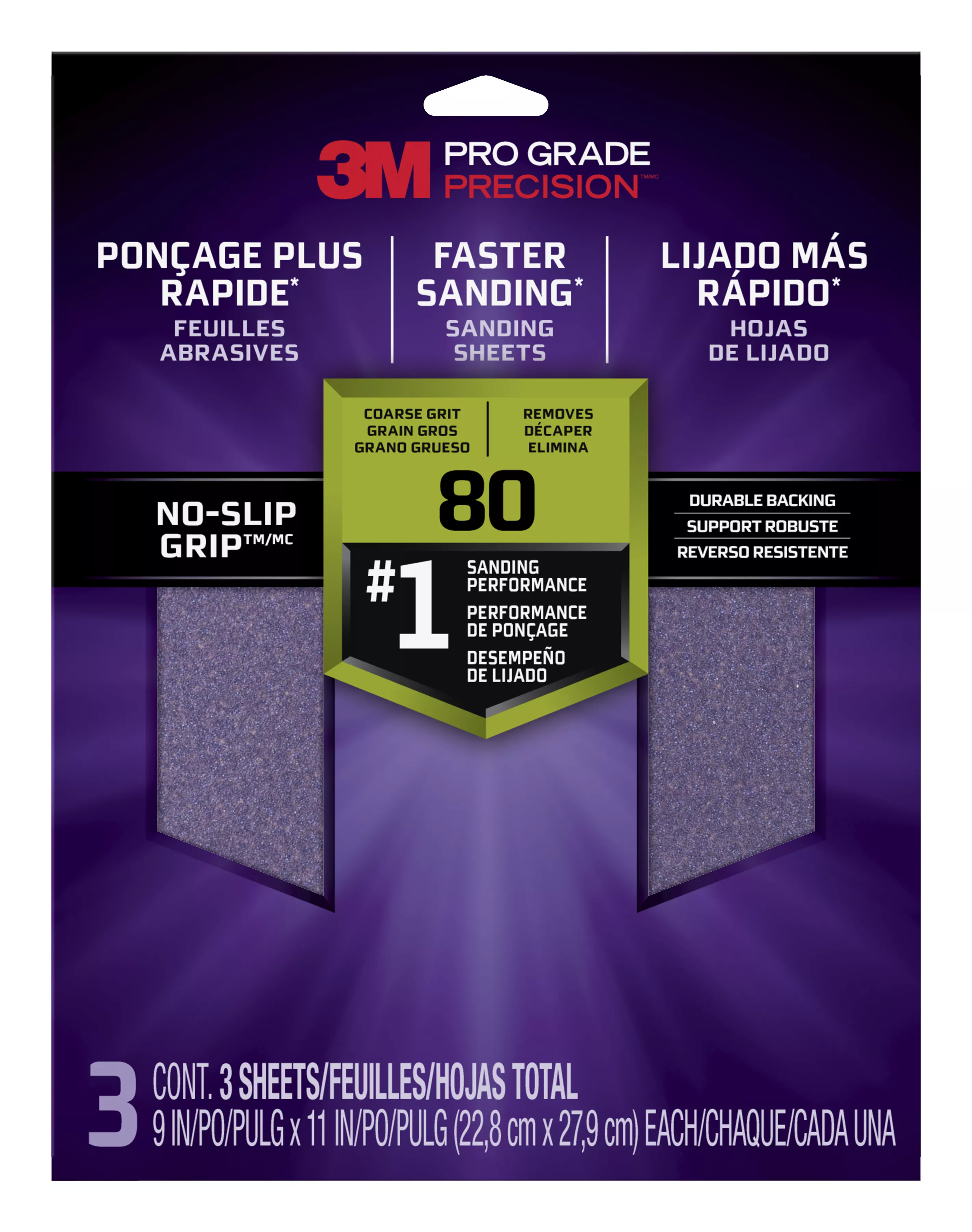 3M™ Pro Grade Precision™ Faster Sanding Sanding Sheets 80 grit Coarse, 26080TRI-3, 9 in x 11 in, 3/pk