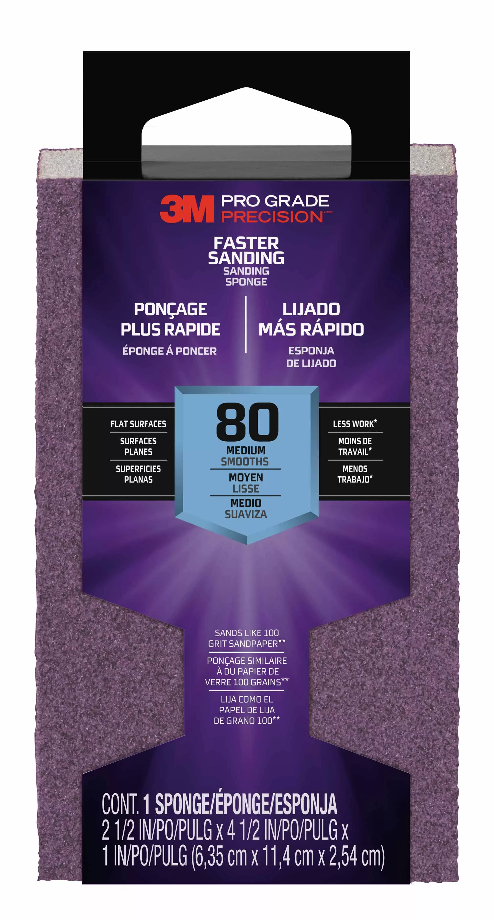 3M™ Pro Grade Precision™ Faster Sanding Block Sponge, 24000TRI-M-B, 2.5 in x 4.5 in x 1 in, 80 grit, Medium, 12/cs