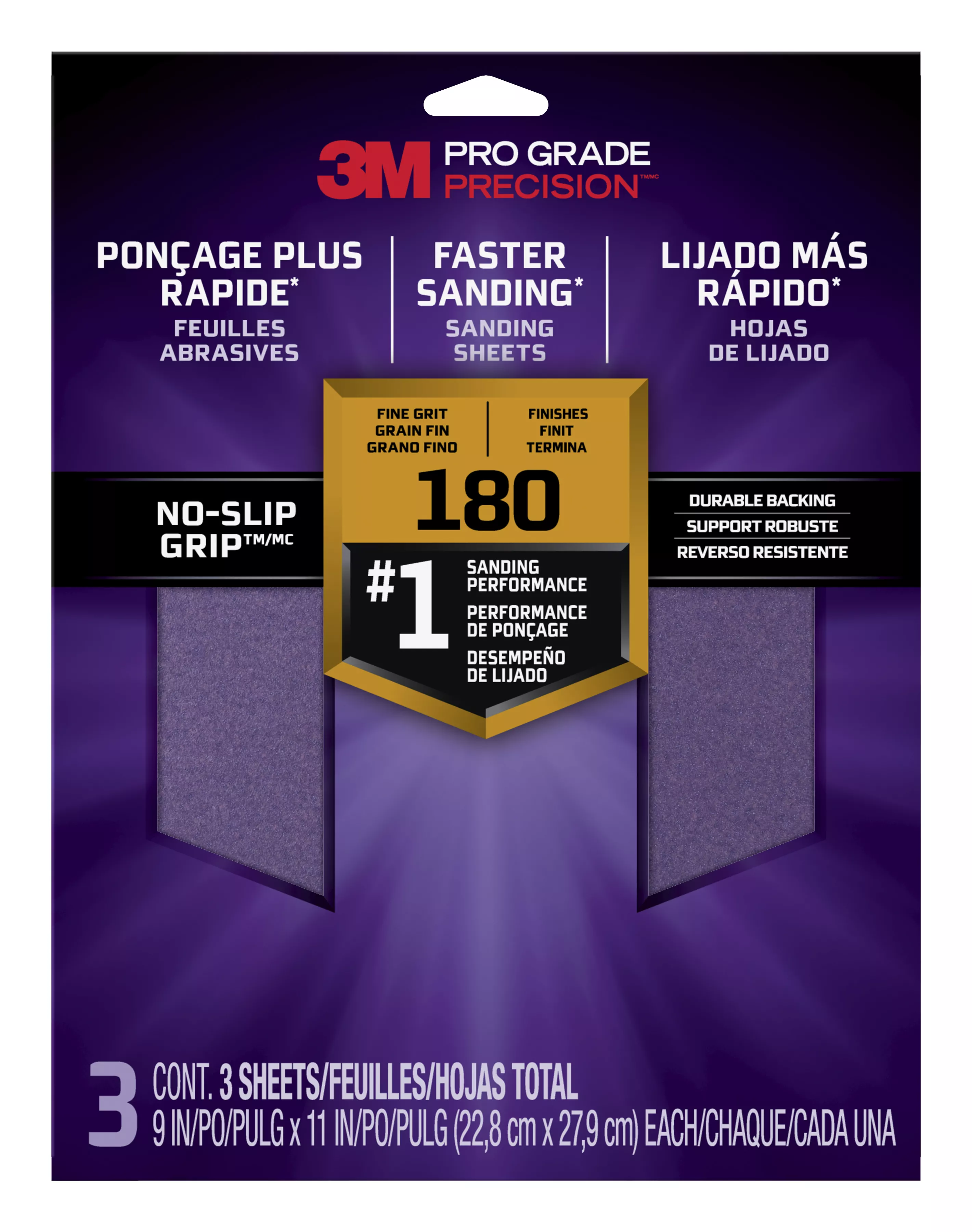 3M™ Pro Grade Precision™ Faster Sanding Sanding Sheets 180 grit Fine, 26180TRI-3, 9 in x 11 in, 3/pk