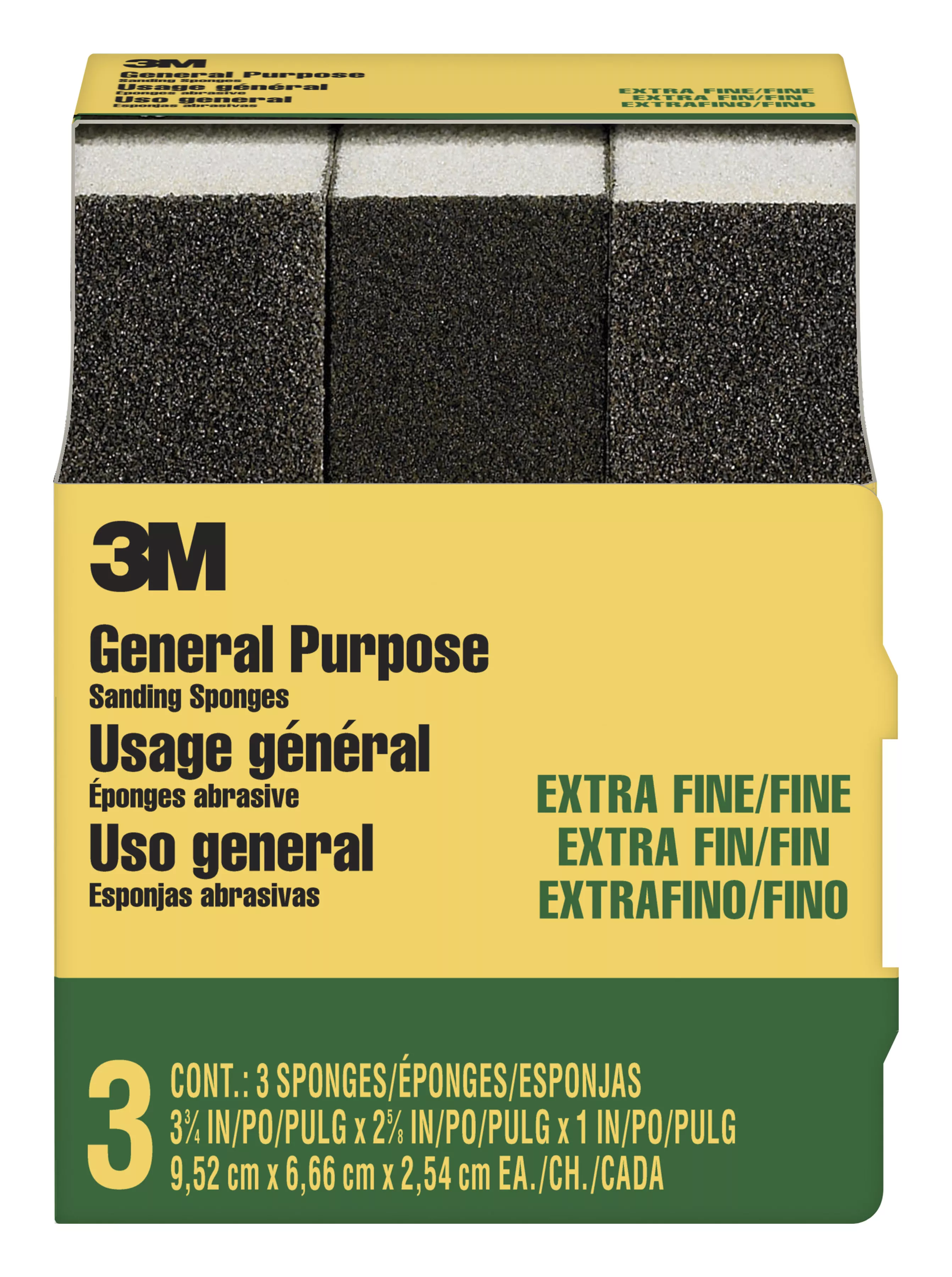 3M™ General Purpose Sanding Sponge 907NA-3P-CC, 3 3/4 in x 2 5/8 in x 1 in, Dual Grit, Extra Fine/Fine, 3 spgs/pack, 6 pks/cs